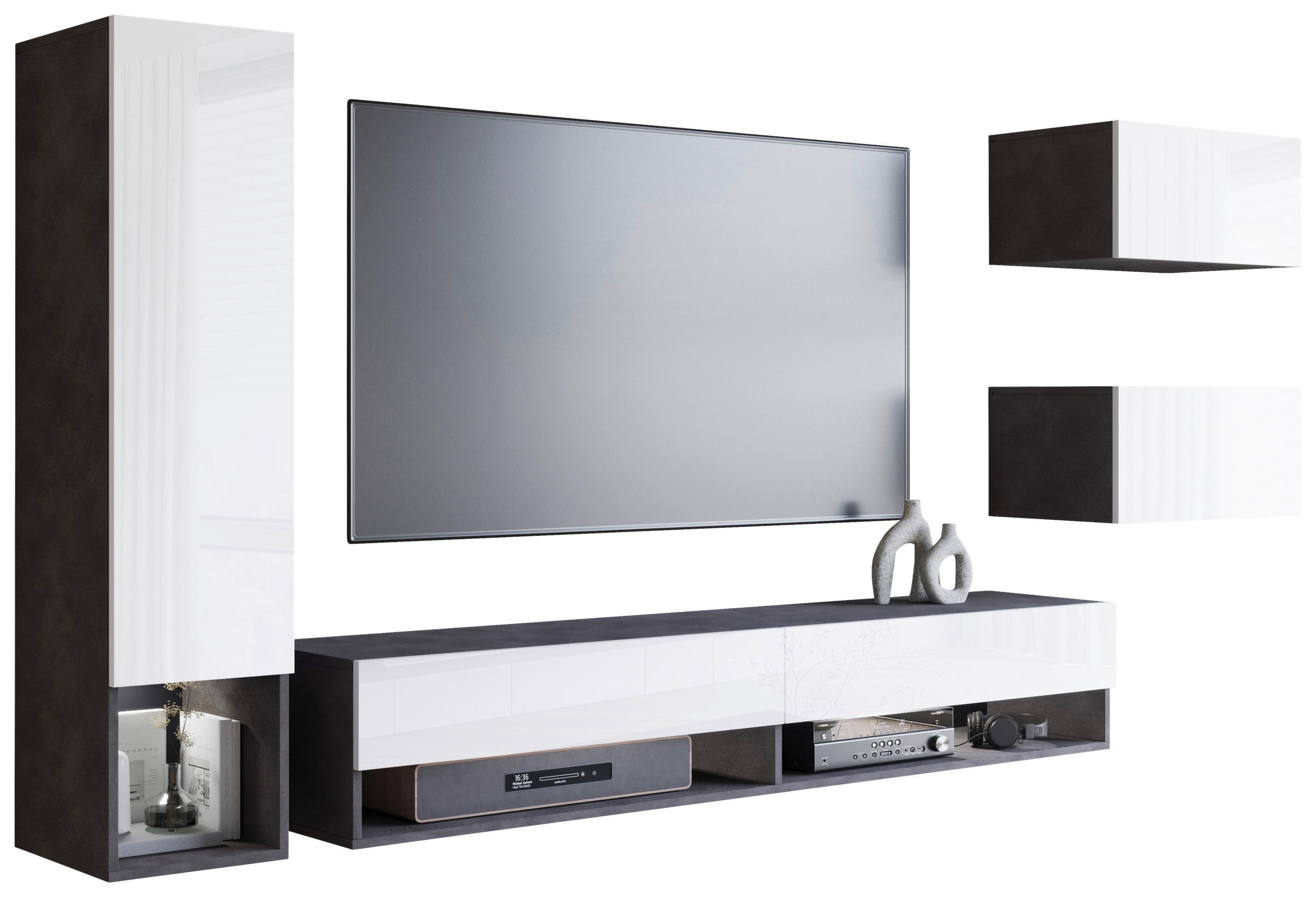 DNEVNI REGAL, antracit, bela, visoki sijaj - bela/visoki sijaj, Basics, leseni material (270/130/32,5cm) - P & B