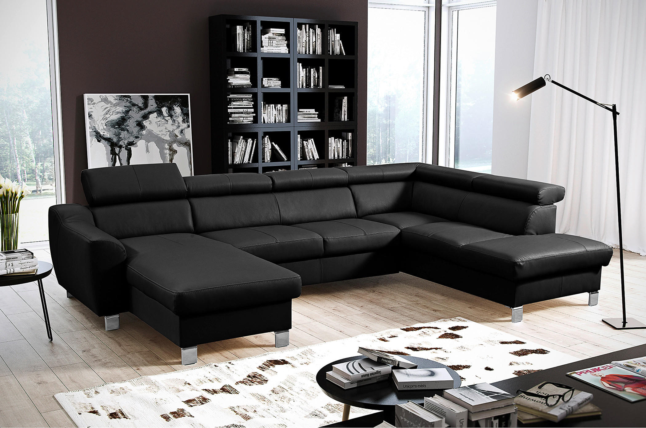 WOHNLANDSCHAFT Schwarz Echtleder Lederlook  - Chromfarben/Schwarz, Design, Leder/Textil (175/315/175cm) - Livetastic