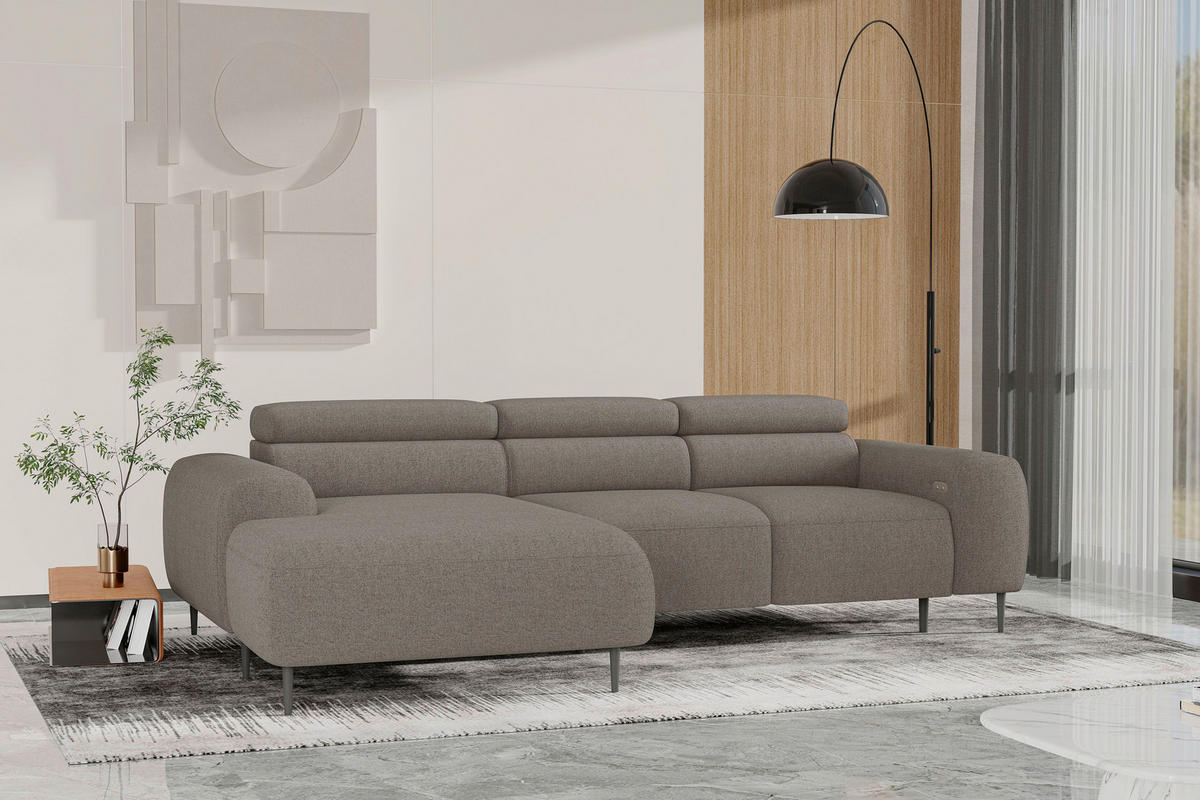 ECKSOFA Hellbraun Struktur Rücken echt, Kopfteilverstellung, Sitztiefenverstellung  - Hellbraun/Schwarz, MODERN, Textil/Metall (179/274cm) - Welnova