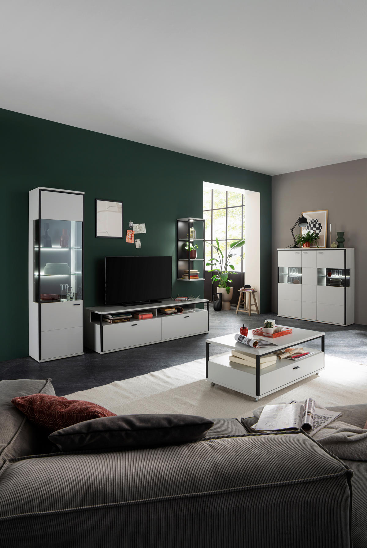 WOHNWAND  in Schwarz, Weiss 265/199/51 cm  - Weiss/Schwarz, Design, Glas/Holzwerkstoff (265/199/51cm) - Stylife