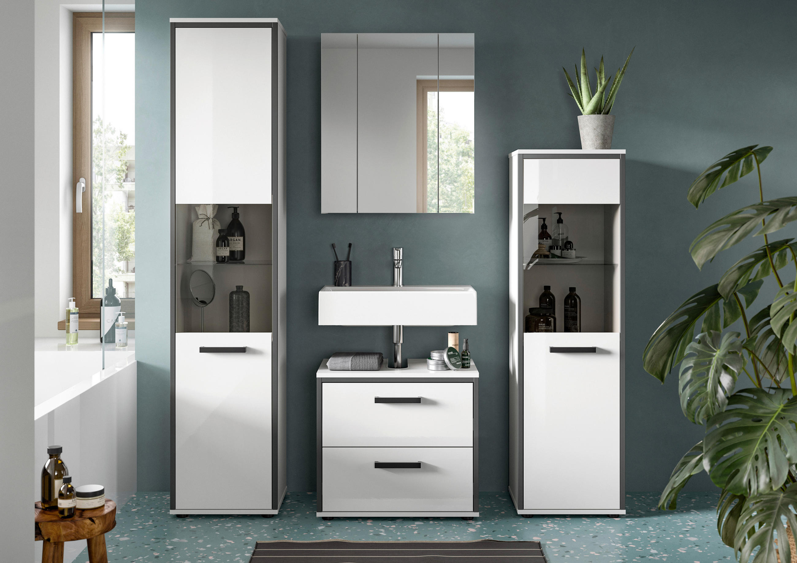 BADEZIMMER  in 140 cm  - Weiß Hochglanz/Schwarz, MODERN, Holzwerkstoff/Kunststoff (140cm) - MID.YOU