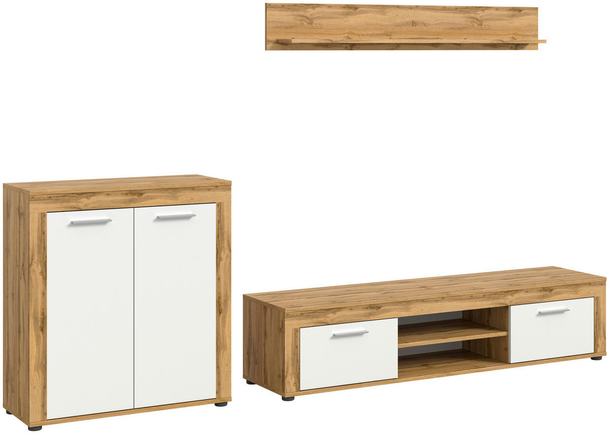HYLLKOMBINATION 3 delar  i ek Wotan, vit  255/159/35 cm  - vit/ek Wotan, Design, trämaterial/plast (255/159/35cm) - MID.YOU