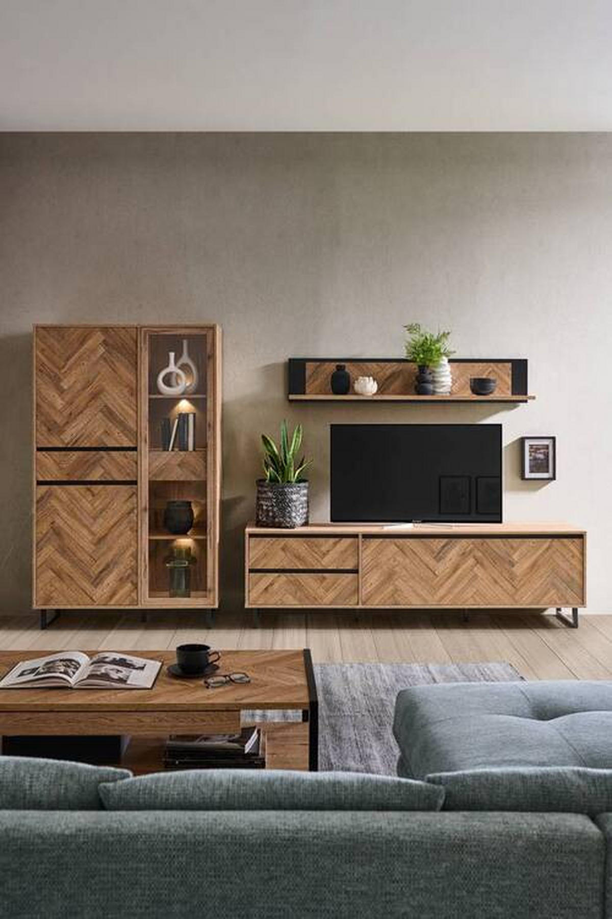 TV-ELEMENT - Eichefarben/Schwarz, KONVENTIONELL, Holzwerkstoff/Metall (186,4/53,8/42cm) - Hom`in
