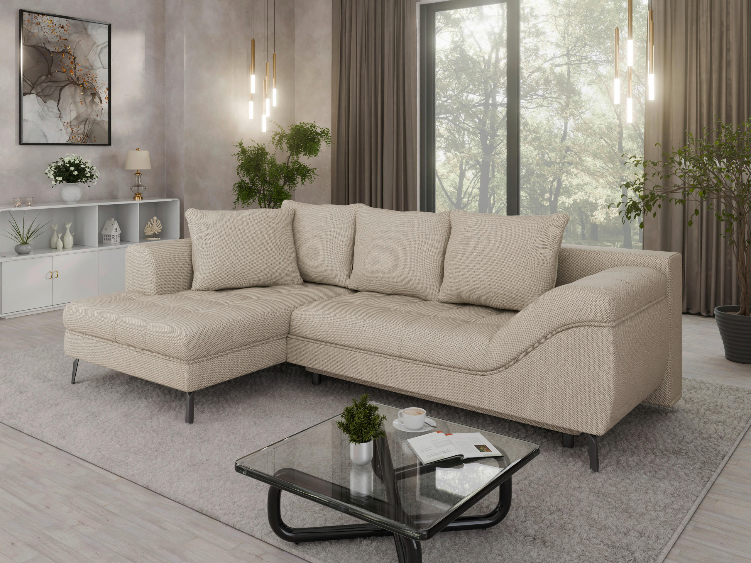 Ecksofa inkl. Funktionen Beige Webstoff  - Beige/Schwarz, MODERN, Textil/Metall (177/279cm) - Stylife