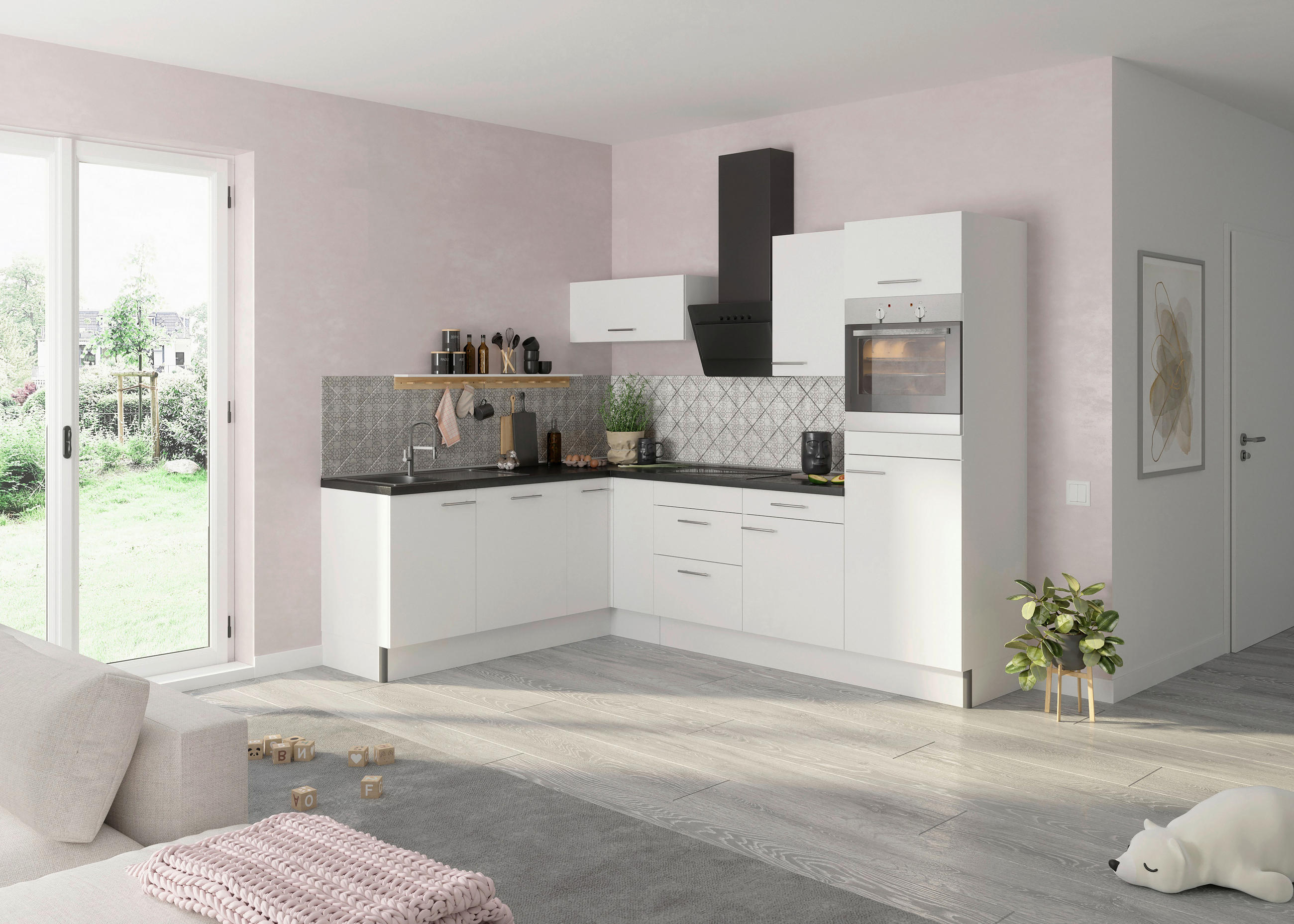 ECKKÜCHE 200/270 cm  in Weiß  - Edelstahlfarben/Anthrazit, Basics, Holzwerkstoff/Metall (200/270cm) - Optifit