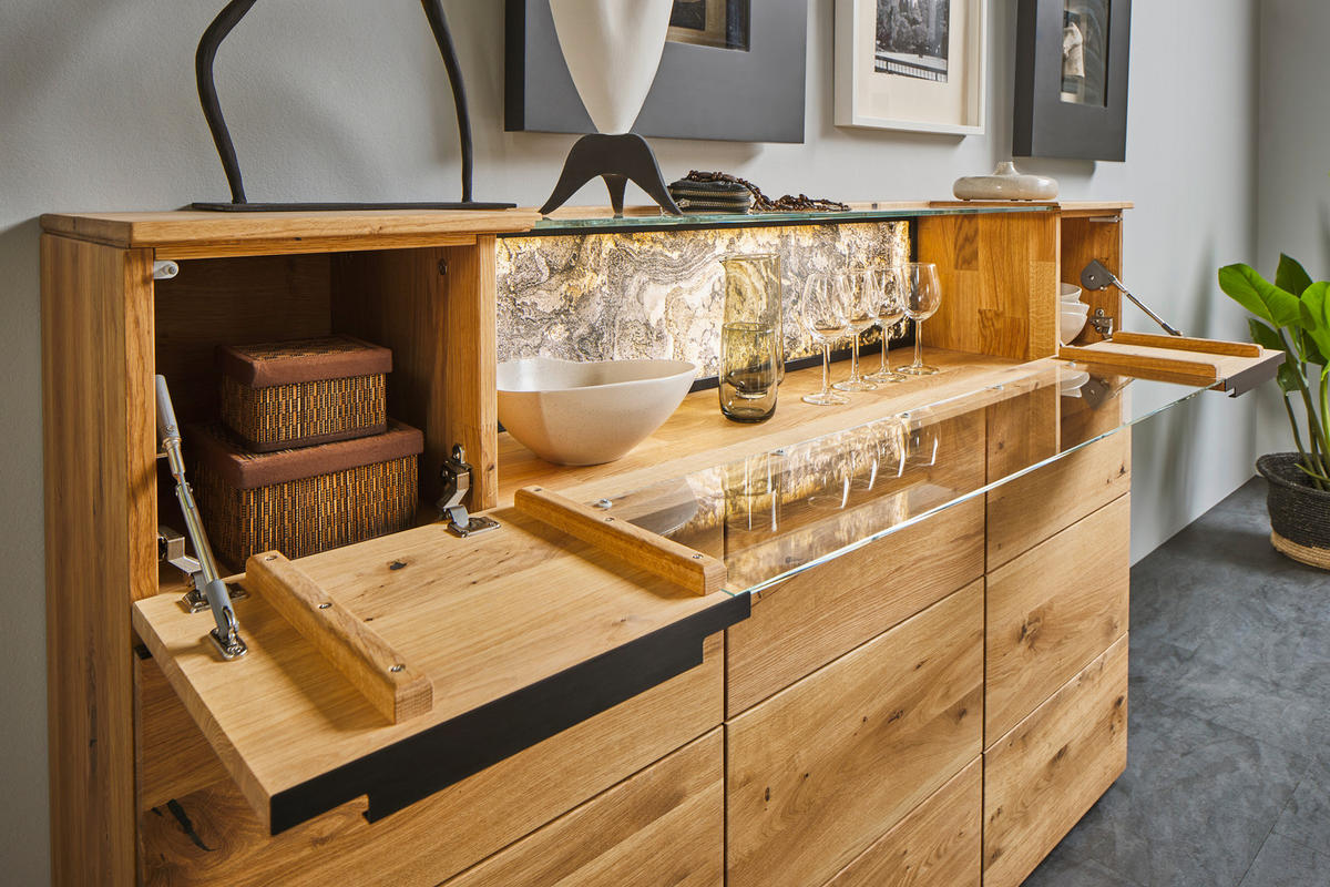 HIGHBOARD Eichefarben  180/119,3/39,5 cm  - Eichefarben/Schwarz, Natur, Glas/Holz (180/119,3/39,5cm) - Valnatura