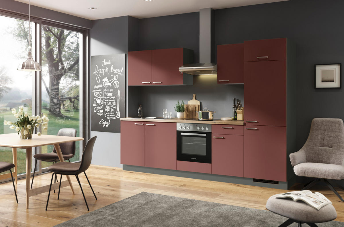 KÜCHENBLOCK 280 cm   in Anthrazit, Rot  - Edelstahlfarben/Anthrazit, Design, Holzwerkstoff/Metall (280cm) - Welnova