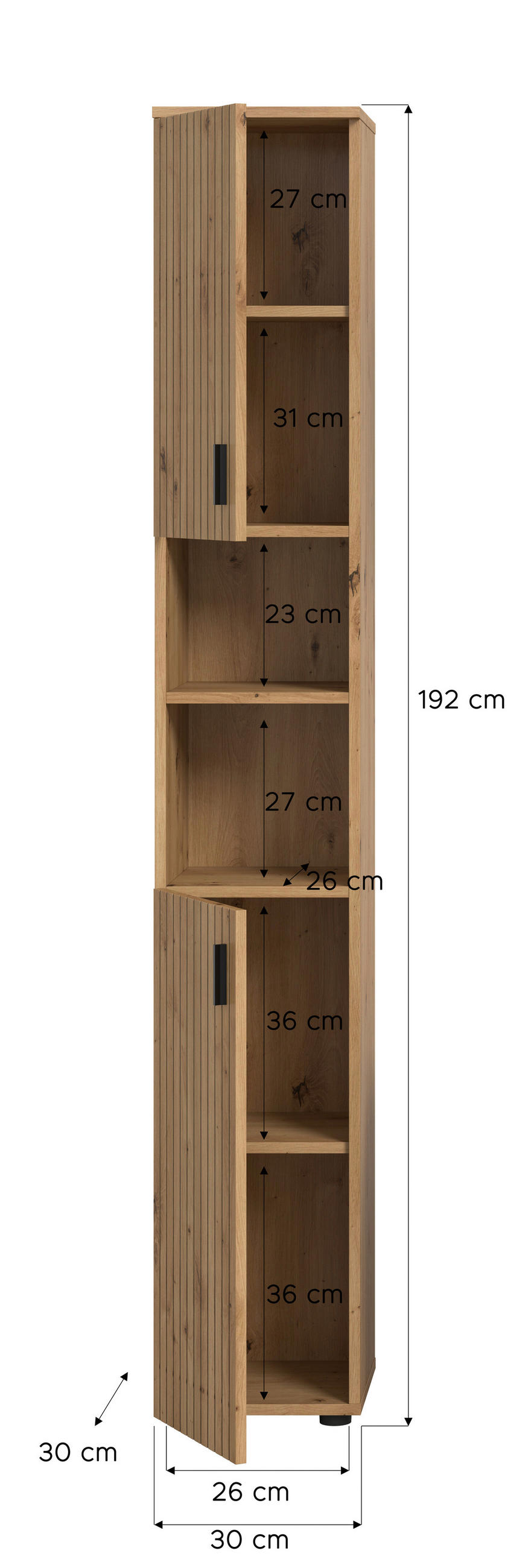 HOCHSCHRANK 30/192/30 cm  - Schwarz/Eiche Artisan, Basics, Holzwerkstoff/Kunststoff (30/192/30cm) - MID.YOU