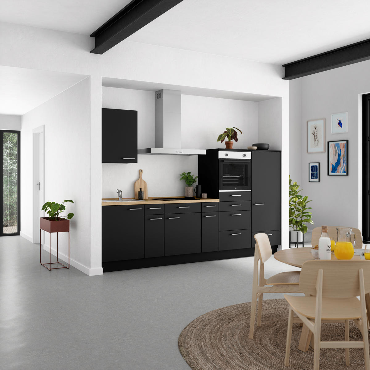 KÜCHENLEERBLOCK 300 cm   in Schwarz, Eichefarben  - Edelstahlfarben/Eichefarben, MODERN, Holzwerkstoff/Metall (300cm) - Nobilia