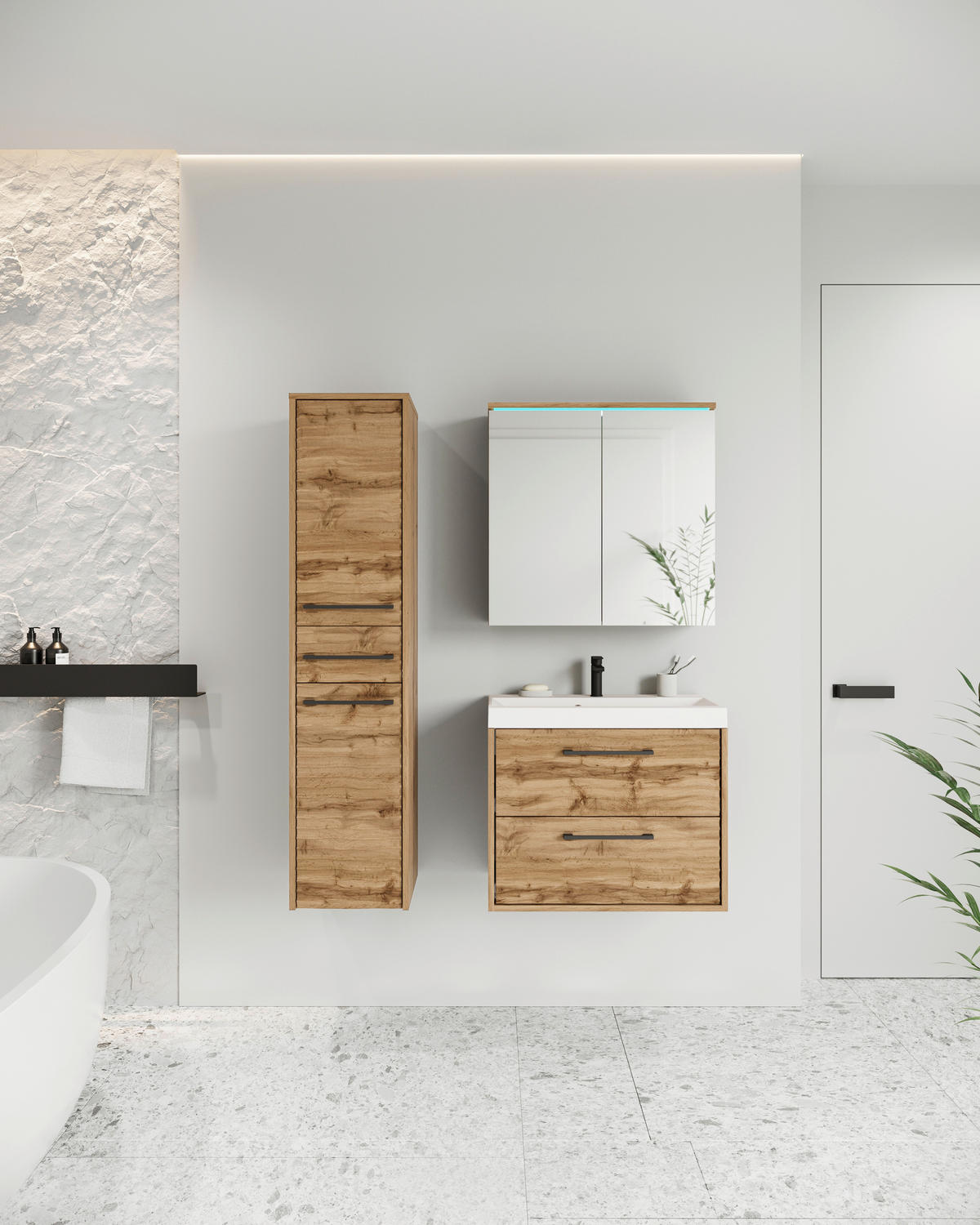 BADEZIMMER 4-teilig  in 90 cm  - Eiche Wotan/Schwarz, LIFESTYLE, Keramik/Holzwerkstoff (90cm) - P & B