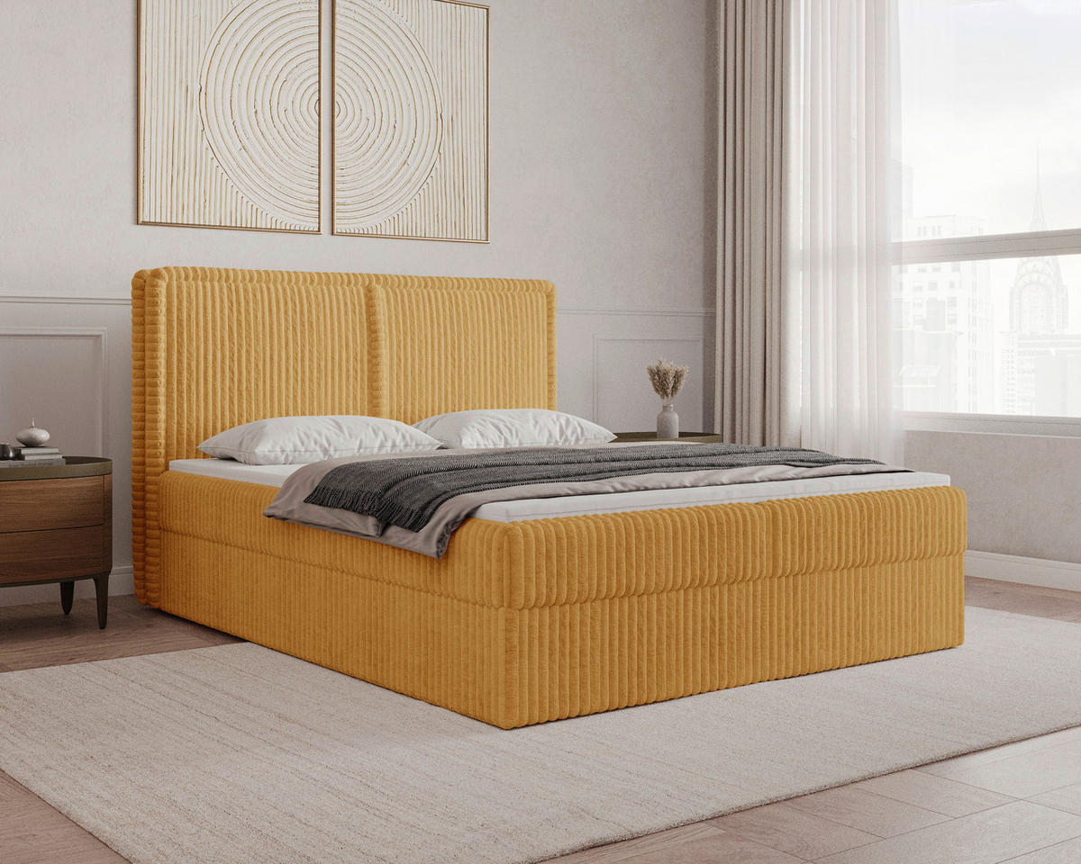 BOXBETT 160/200 cm,  in Currygelb, Bettkasten, Topper, H2 + H3 = mittel + fest  - Currygelb/Schwarz, MODERN, Holz/Kunststoff (160/200cm) - MID.YOU