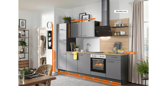 KÜCHENBLOCK 290 cm in Graphitfarben, Grau, Eichefarben - Edelstahlfarben/Eichefarben, Design, Holzwerkstoff/Metall (290cm) - Xora