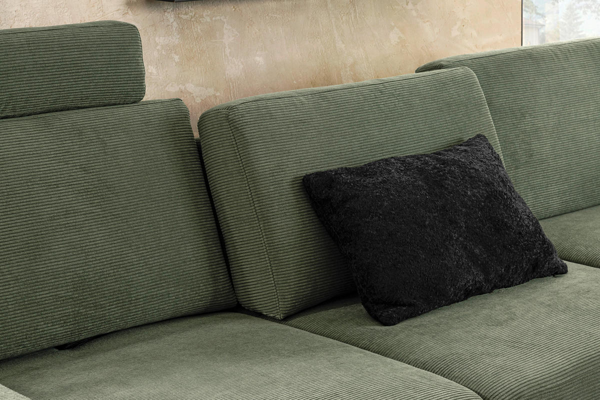 ECKSOFA  in Cord Olivgrün Rücken echt, Sitztiefenverstellung  185/298 cm  - Schwarz/Olivgrün, Design, Textil/Metall (185/298cm) - Pure Home Lifestyle