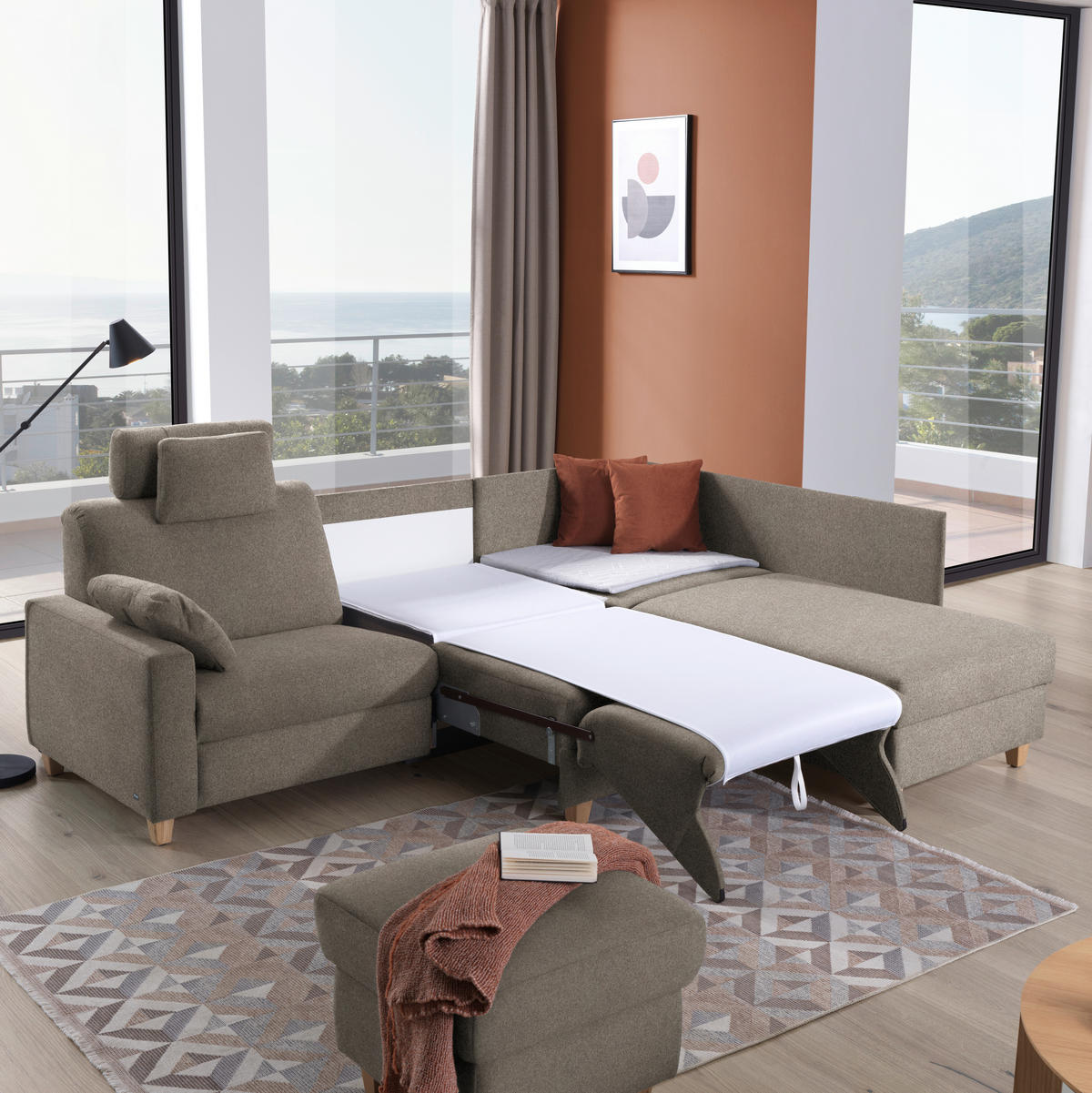 ECKSOFA in Flachgewebe Taupe  261/203 cm  - Taupe/Eichefarben, KONVENTIONELL, Holz/Textil (261/203cm) - Sedda