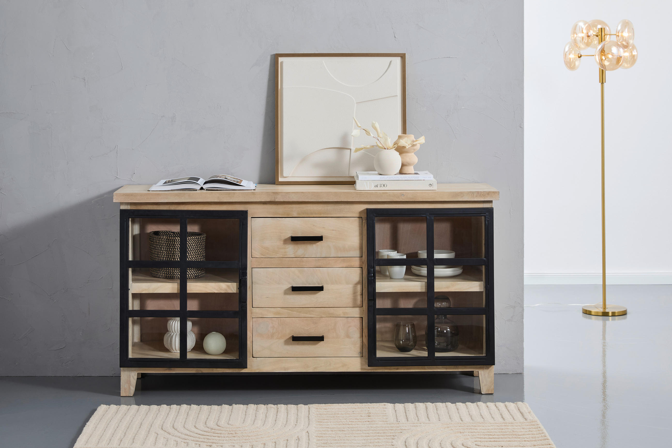 SIDEBOARD 160/85/40 cm  in Naturfarben, Schwarz  - Schwarz/Naturfarben, Natur, Glas/Holz (160/85/40cm) - Livetastic