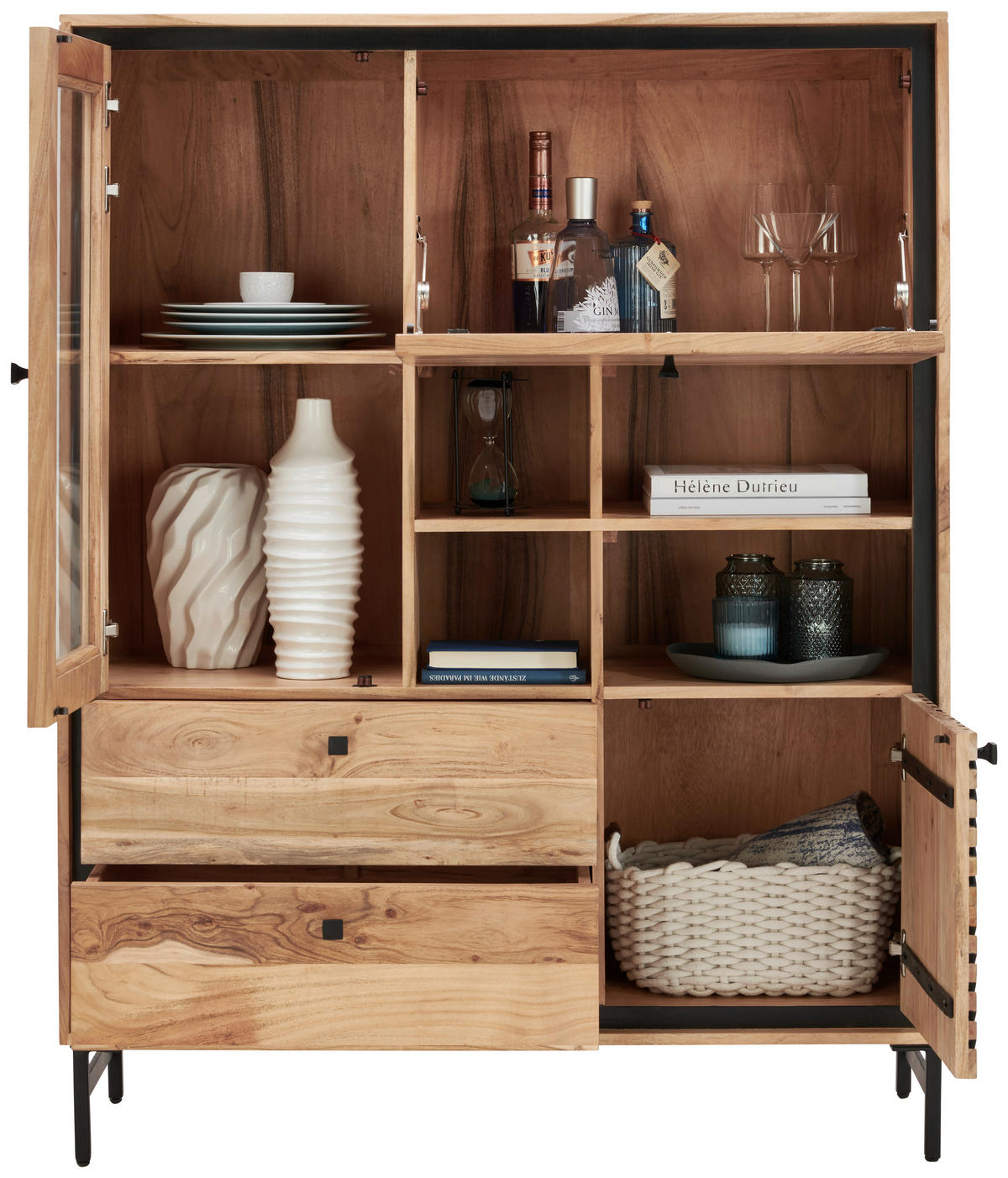 HIGHBOARD  in 115/148/42 cm  - Schwarz/Akaziefarben, Design, Glas/Holz (115/148/42cm) - Carryhome