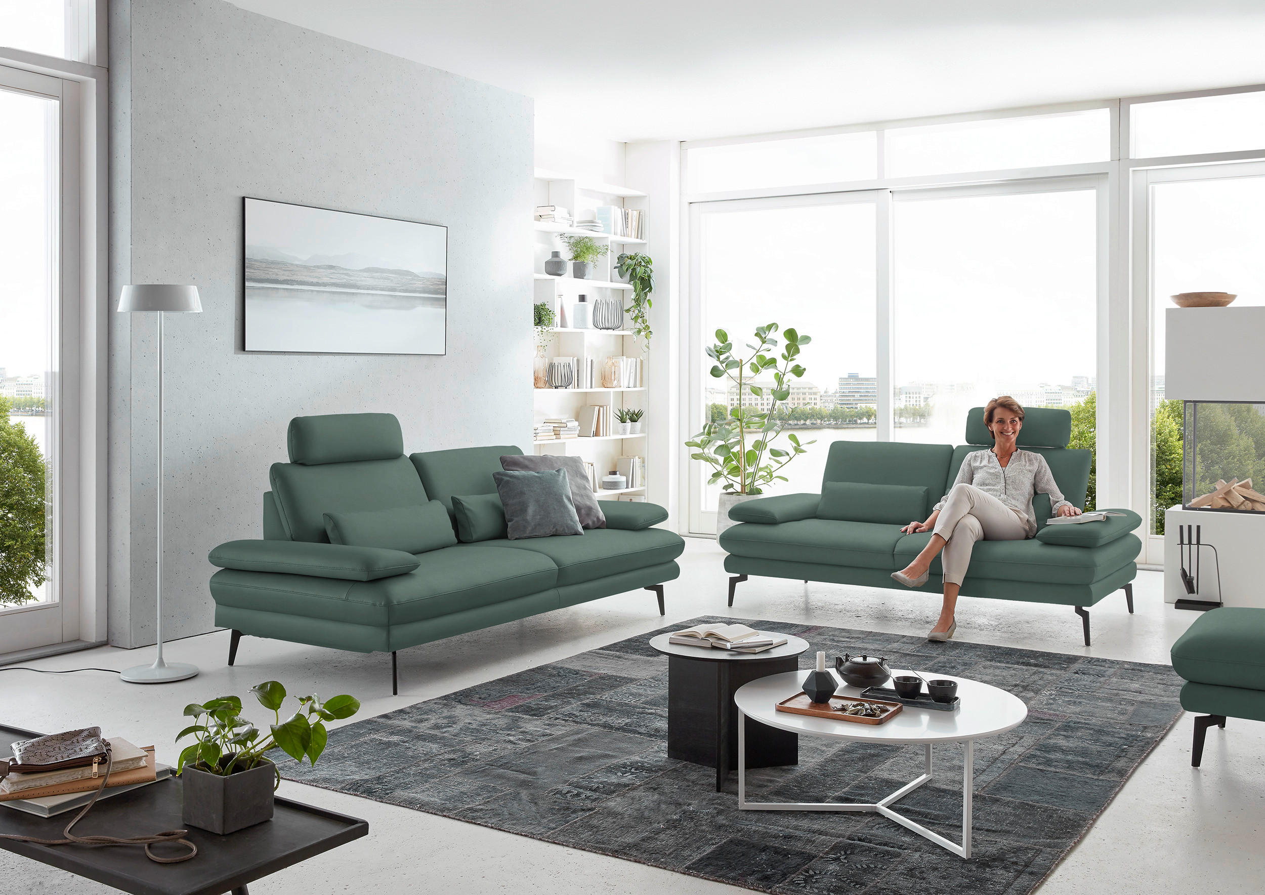 3-SITZER-SOFA in Echtleder Opal  - Opal/Schwarz, Design, Leder/Metall (222/86/104cm) - Dieter Knoll