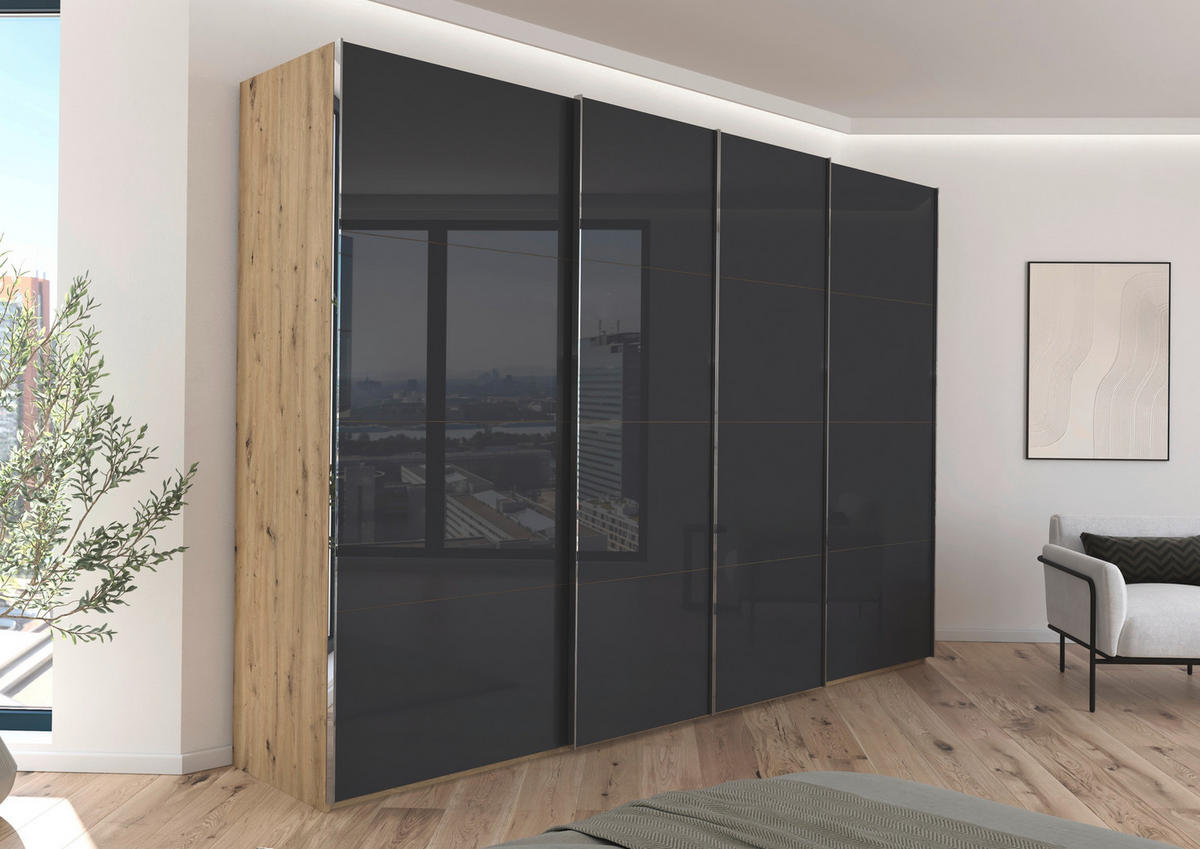 SCHWEBETÜRENSCHRANK 316/235/68 cm 4-türig Grau, Eiche Artisan  - Chromfarben/Eiche Artisan, Design, Glas/Holzwerkstoff (316/235/68cm) - Novel