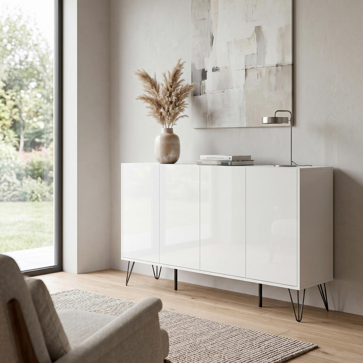 SIDEBOARD Posseik Industrial 155/93,6/42 cm  - Weiß Hochglanz/Schwarz, Design, Holzwerkstoff/Metall (155/93,6/42cm) - MID.YOU