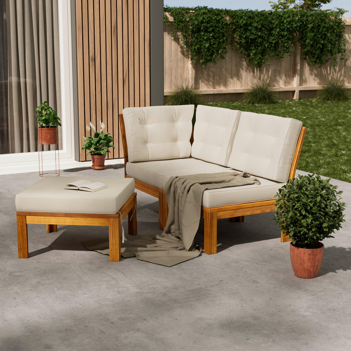 LOUNGEGARNITUR Akazie vollmassiv  - Beige/Akaziefarben, MODERN, Holz/Textil - Ambia Garden