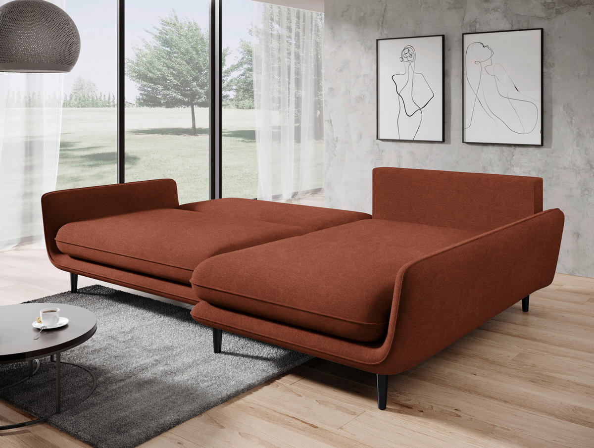 ECKSOFA in Velours Terracotta  - Terracotta/Schwarz, Design, Holz/Textil (260/167cm) - Welnova