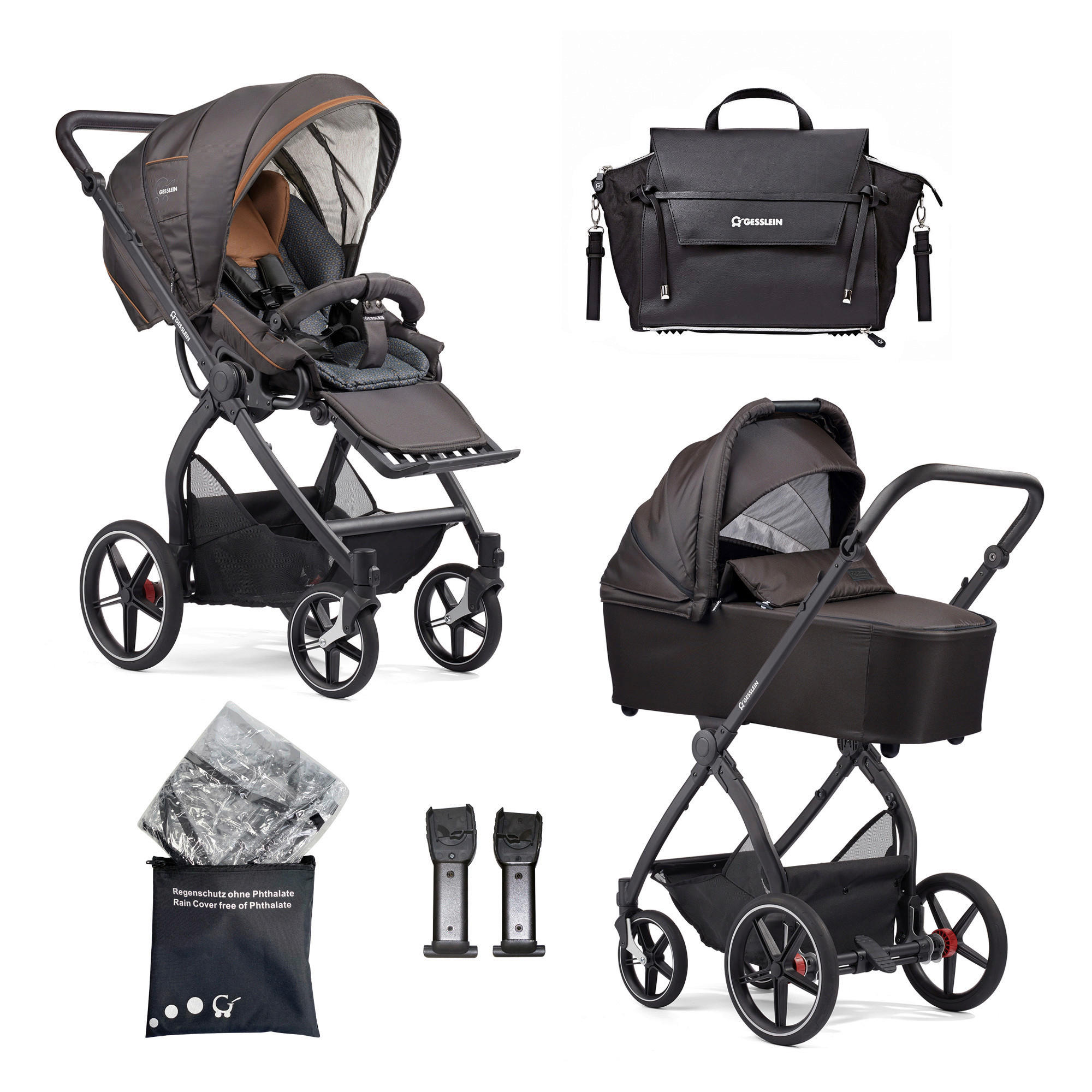 KINDERWAGENSET FX4 Classic  - Cognac/Schwarz, Basics, Textil/Metall (57/129/100cm) - Gesslein