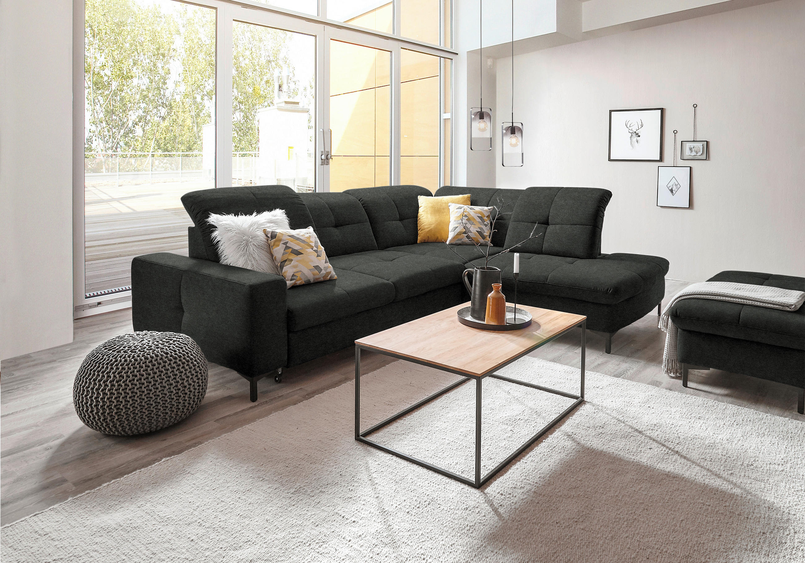 ECKSOFA in Chenille Anthrazit  - Anthrazit/Schwarz, Design, Textil/Metall (310/240cm) - Xora