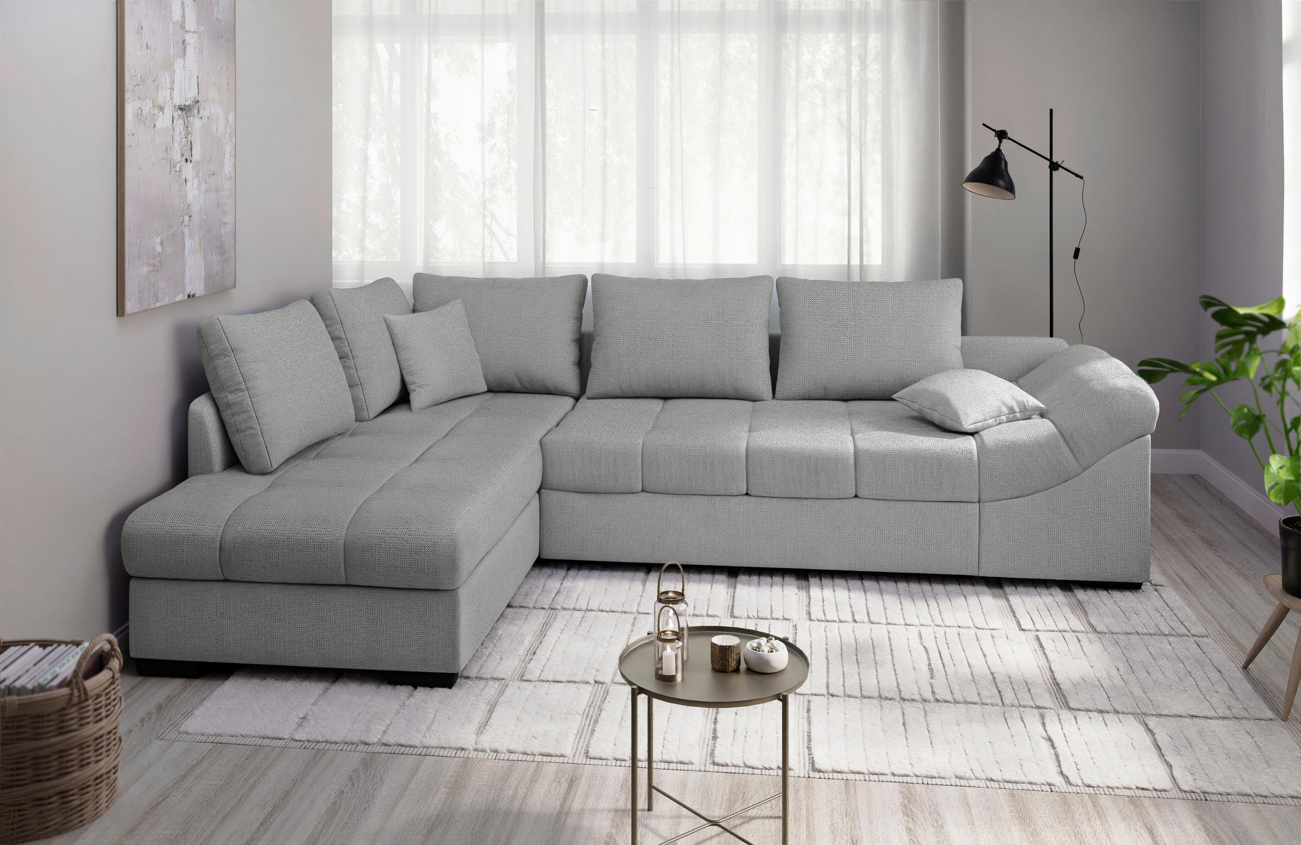 ECKSCHLAFSOFA in Chenille Silberfarben  - Silberfarben/Schwarz, MODERN, Holz/Textil (202/298cm) - MID.YOU