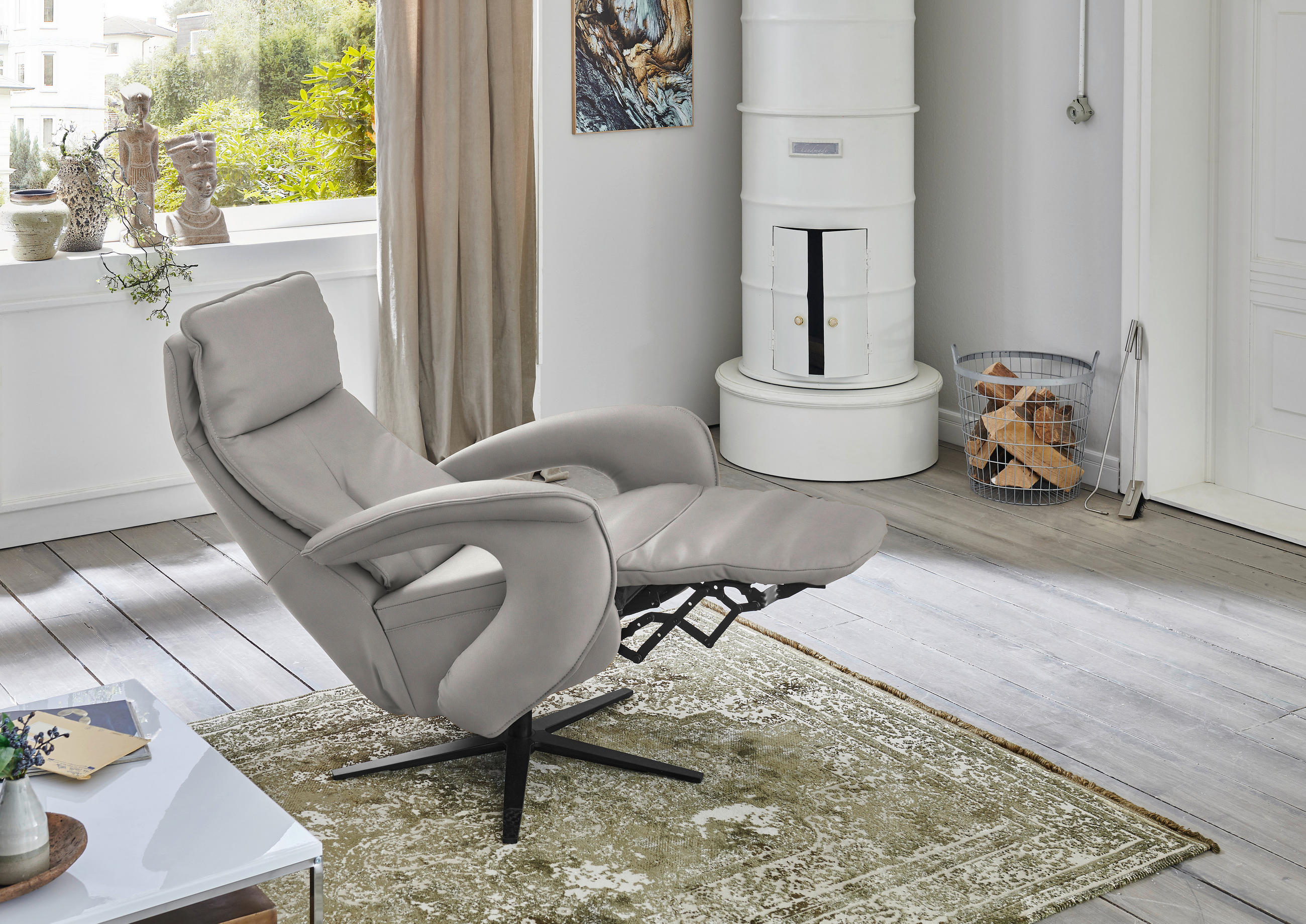 RELAXSESSEL in Leder Hellgrau  - Hellgrau/Schwarz, Design, Leder/Metall (77/119/87cm) - Valdera