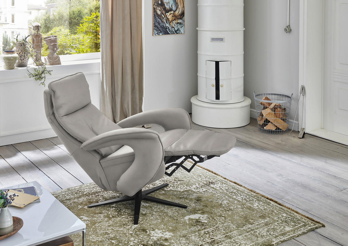 RELAXSESSEL in Leder Hellgrau  - Hellgrau/Schwarz, Design, Leder/Metall (77/119/87cm) - Valdera