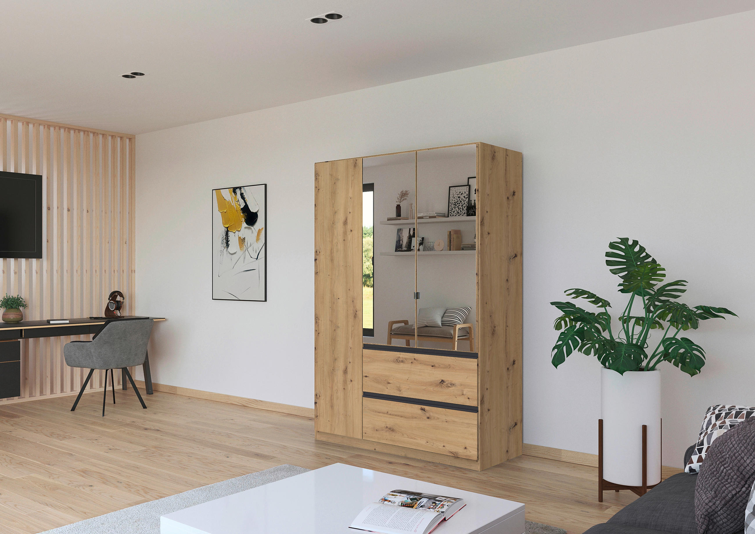 DREHTÜRENSCHRANK in Eiche Artisan  - Eiche Artisan/Grau, Modern, Holzwerkstoff (136/197/54cm) - Rauch Möbel