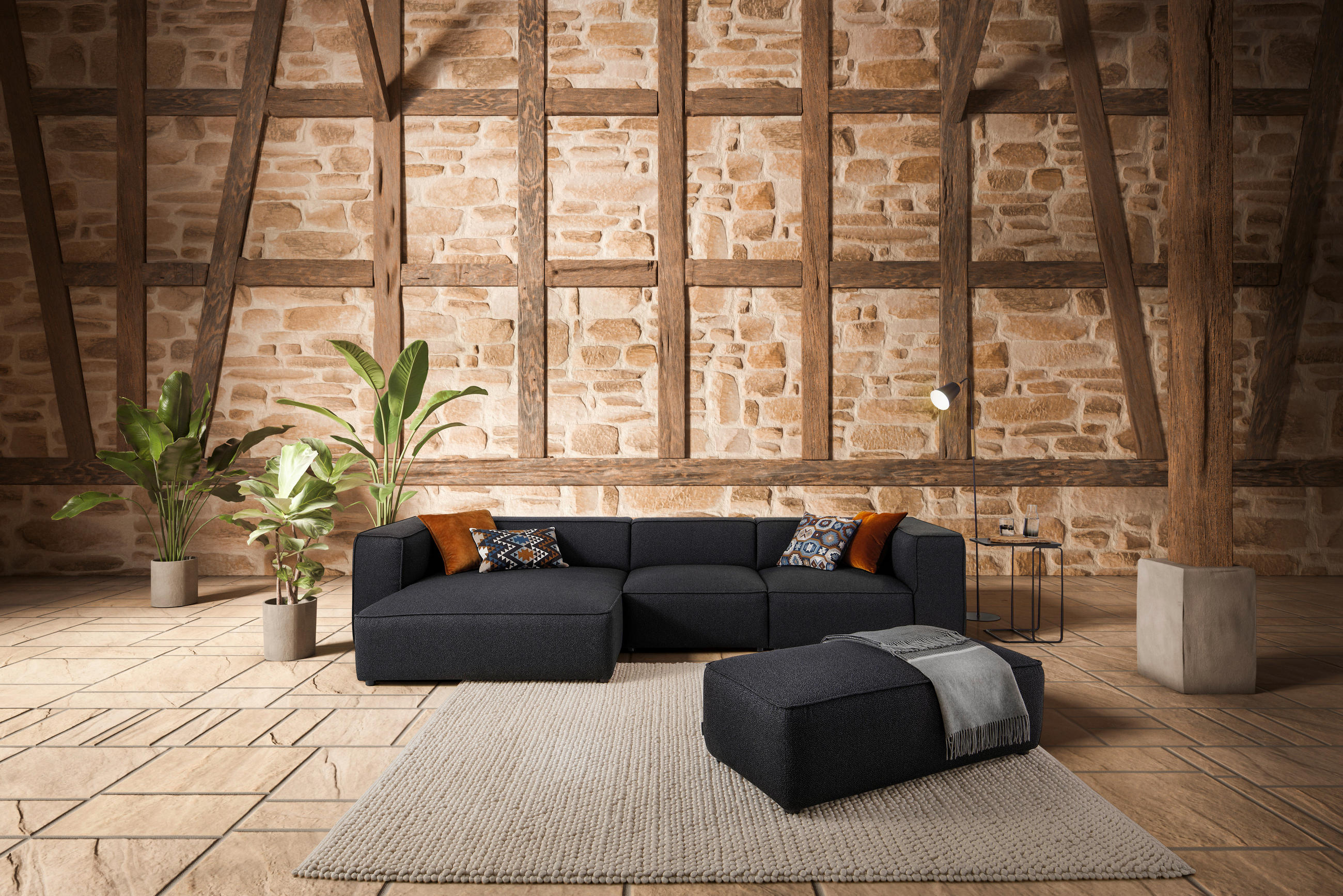 ECKSOFA in Flachgewebe Dunkelblau  - Schwarz/Dunkelblau, Design, Kunststoff/Textil (164/341cm) - W.Schillig