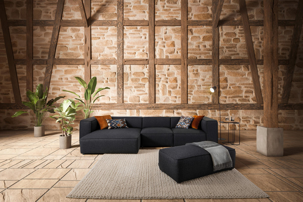 ECKSOFA in Flachgewebe Dunkelblau  - Schwarz/Dunkelblau, Design, Kunststoff/Textil (164/341cm) - W.Schillig