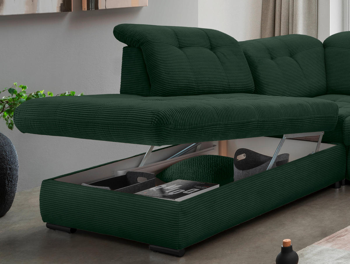 WOHNLANDSCHAFT in Cord Dunkelgrün  - Dunkelgrün/Schwarz, Modern, Textil/Metall (252/387/184cm) - Livetastic
