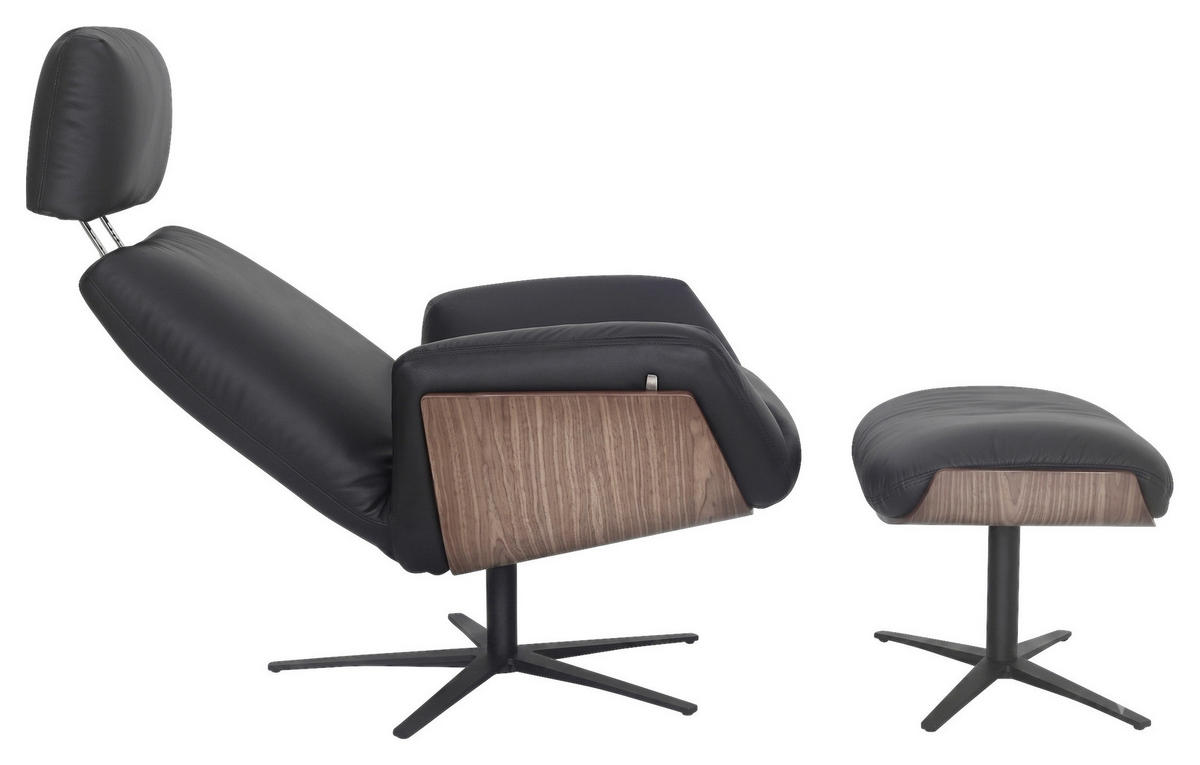 RELAXSESSELSET Echtleder Relaxfunktion, Hocker    - Walnussfarben/Schwarz, Design, Leder/Holz (86/84-124/95-113cm) - Dieter Knoll