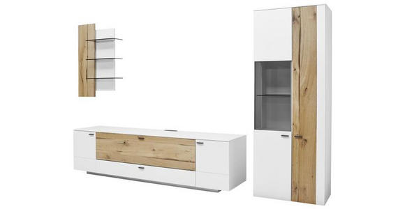 WOHNWAND 317/196,8/49,2 cm in Weiß, Eichefarben - Edelstahlfarben/Eichefarben, Design, Glas/Holz (317/196,8/49,2cm) - Dieter Knoll