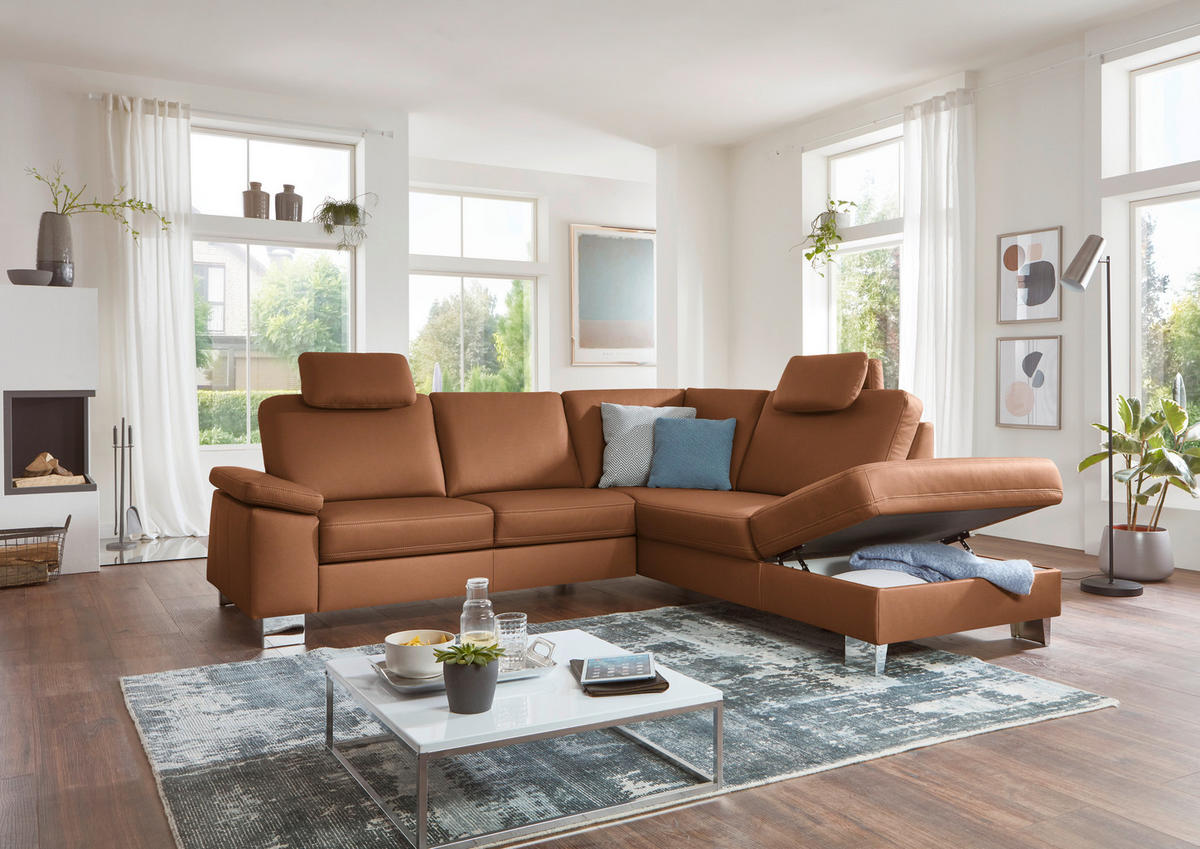 ECKSOFA  in Echtleder Cognac  248/235 cm  - Cognac/Alufarben, Design, Leder/Metall (248/235cm) - Beldomo Premium