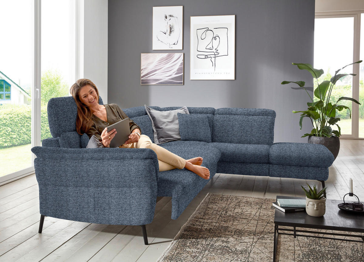 ECKSOFA in Struktur Blau  275/235 cm  - Blau/Schwarz, MODERN, Textil/Metall (275/235cm) - Cantus