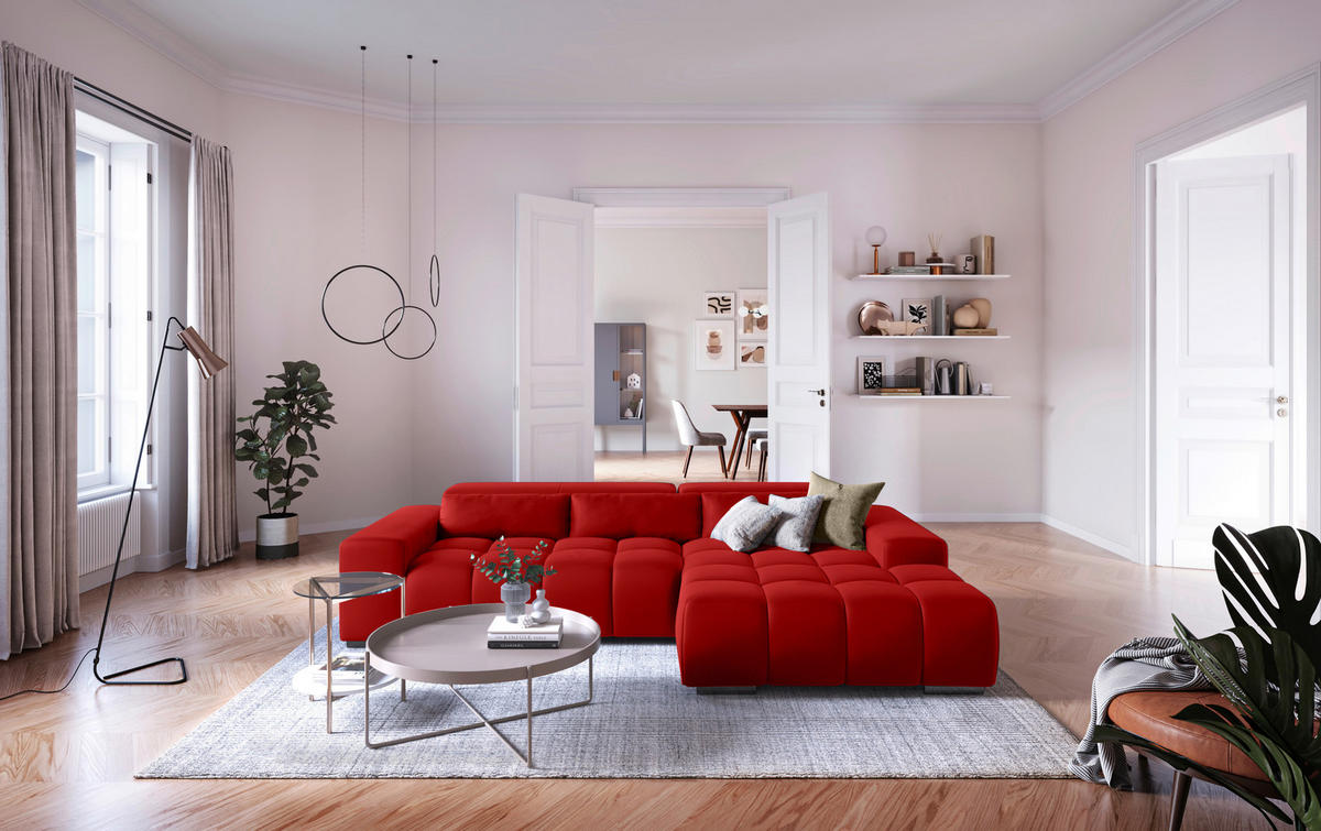 ECKSOFA Rot Velours  - Silberfarben/Rot, KONVENTIONELL, Textil/Metall (307/186cm) - Livetastic