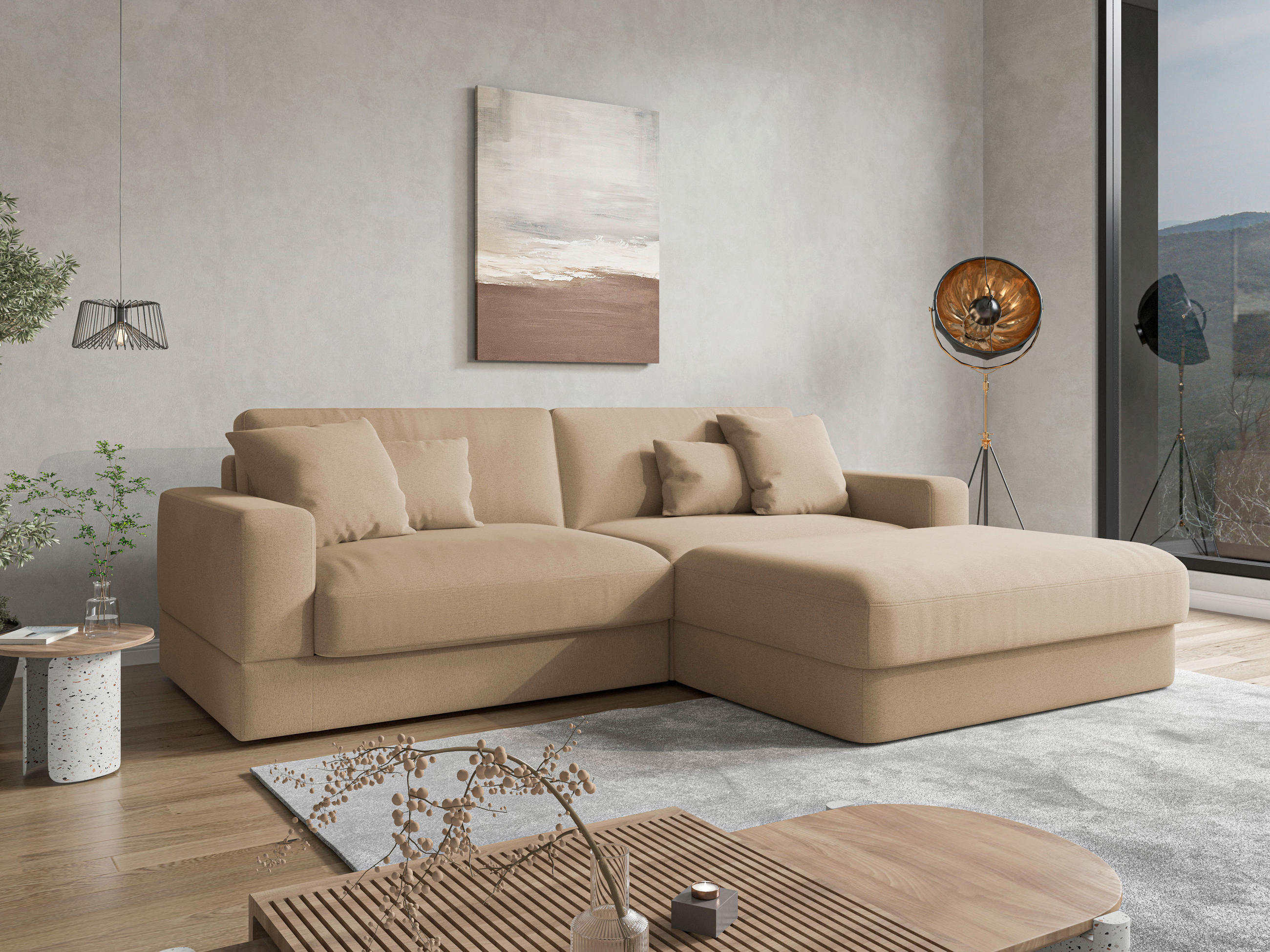 ECKSOFA FABIO E Sandfarben Mikrofaser  - Sandfarben/Schwarz, MODERN, Kunststoff/Textil (264/196cm) - Sit & More