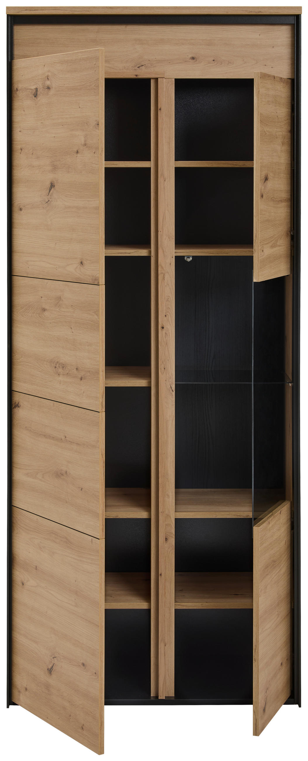 Thumbnail - Hom`in Vitrine, Schwarz, Eiche Artisan, Glas, Holzwerkstoff, 10 Fächer, 83x196x42 cm, Beimöbel erhältlich, stehend, Bele...