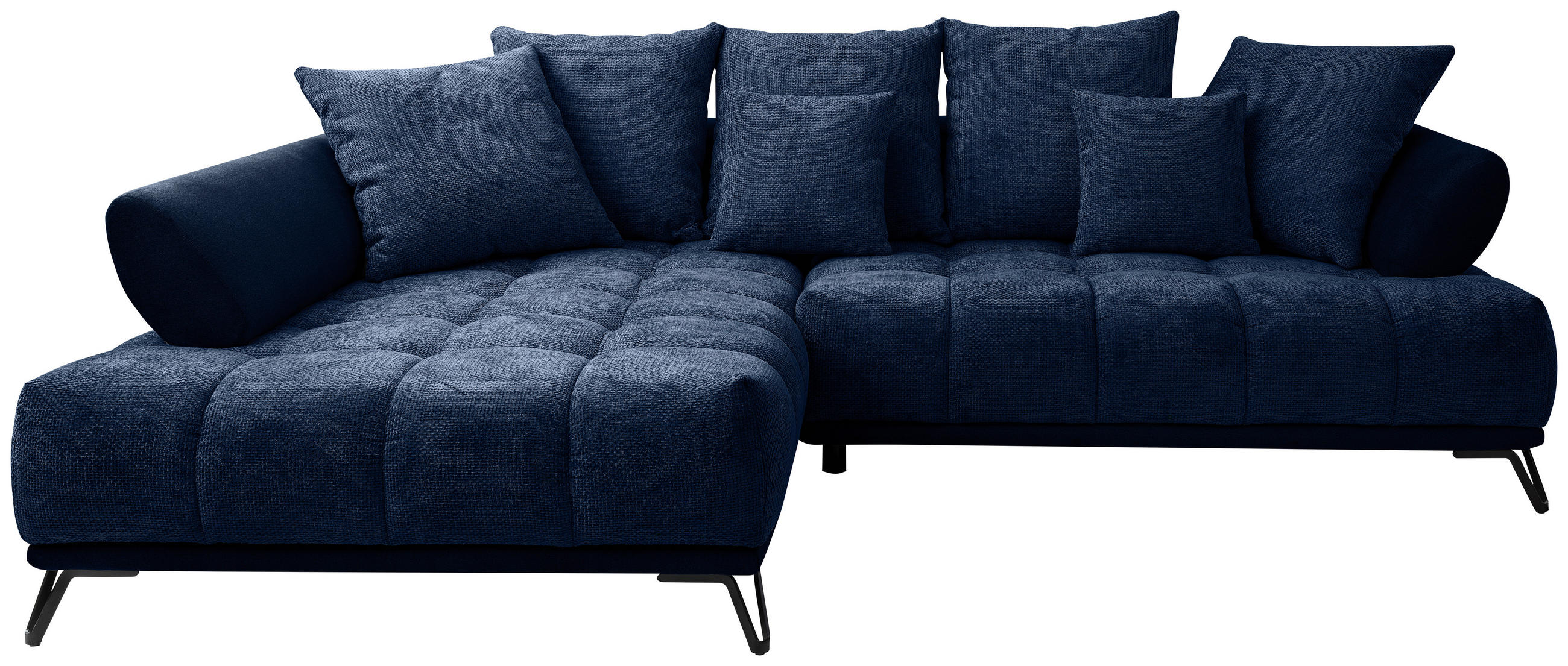 ECKSOFA  in Chenille Dunkelblau Zierkissen, Rückenkissen, Rücken echt  184/262 cm  - Schwarz/Dunkelblau, MODERN, Textil/Metall (184/262cm) - MID.YOU