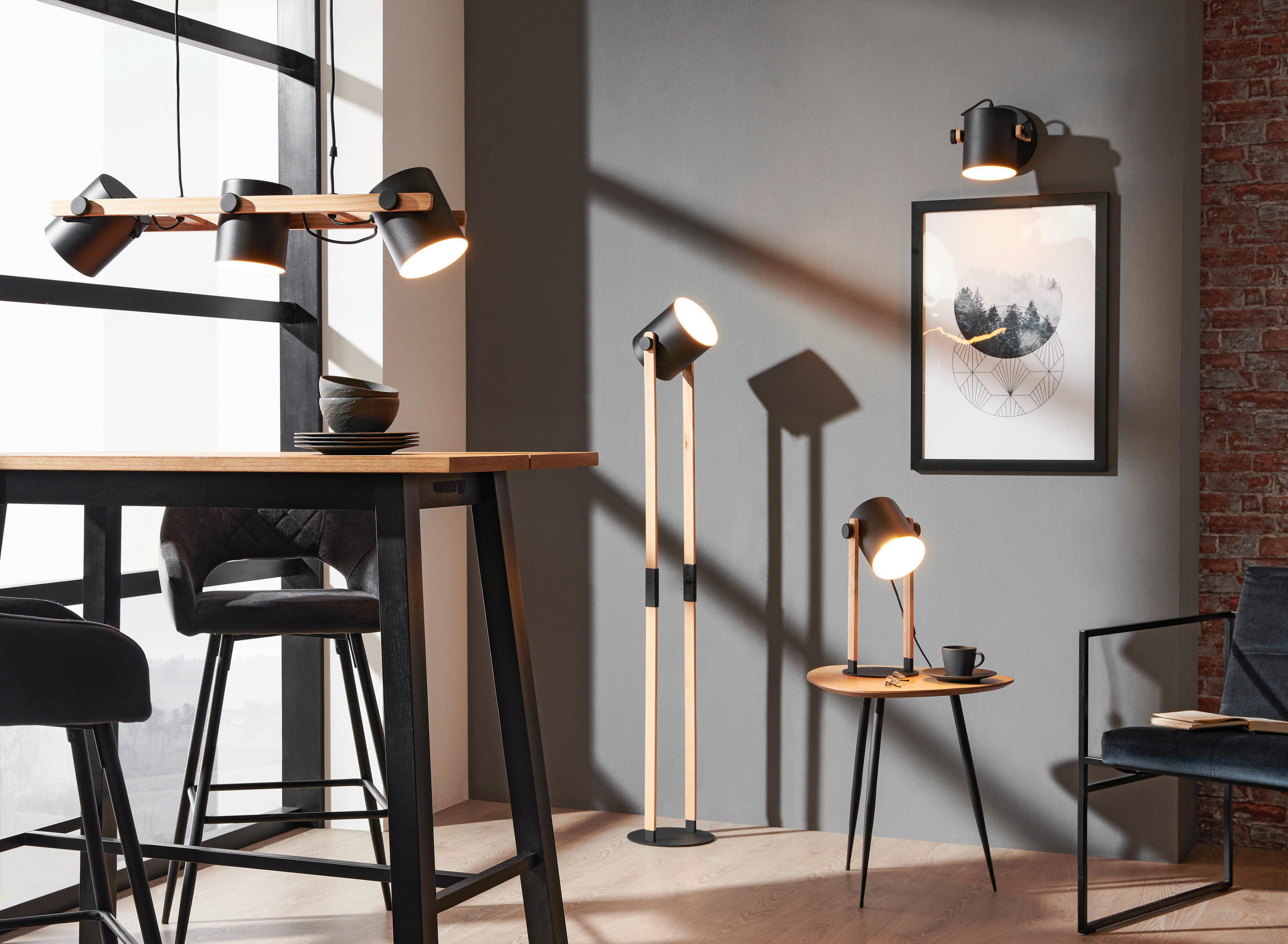 PODNA LAMPA - braon/crna, Prirodno, drvo/metal (23/140cm)