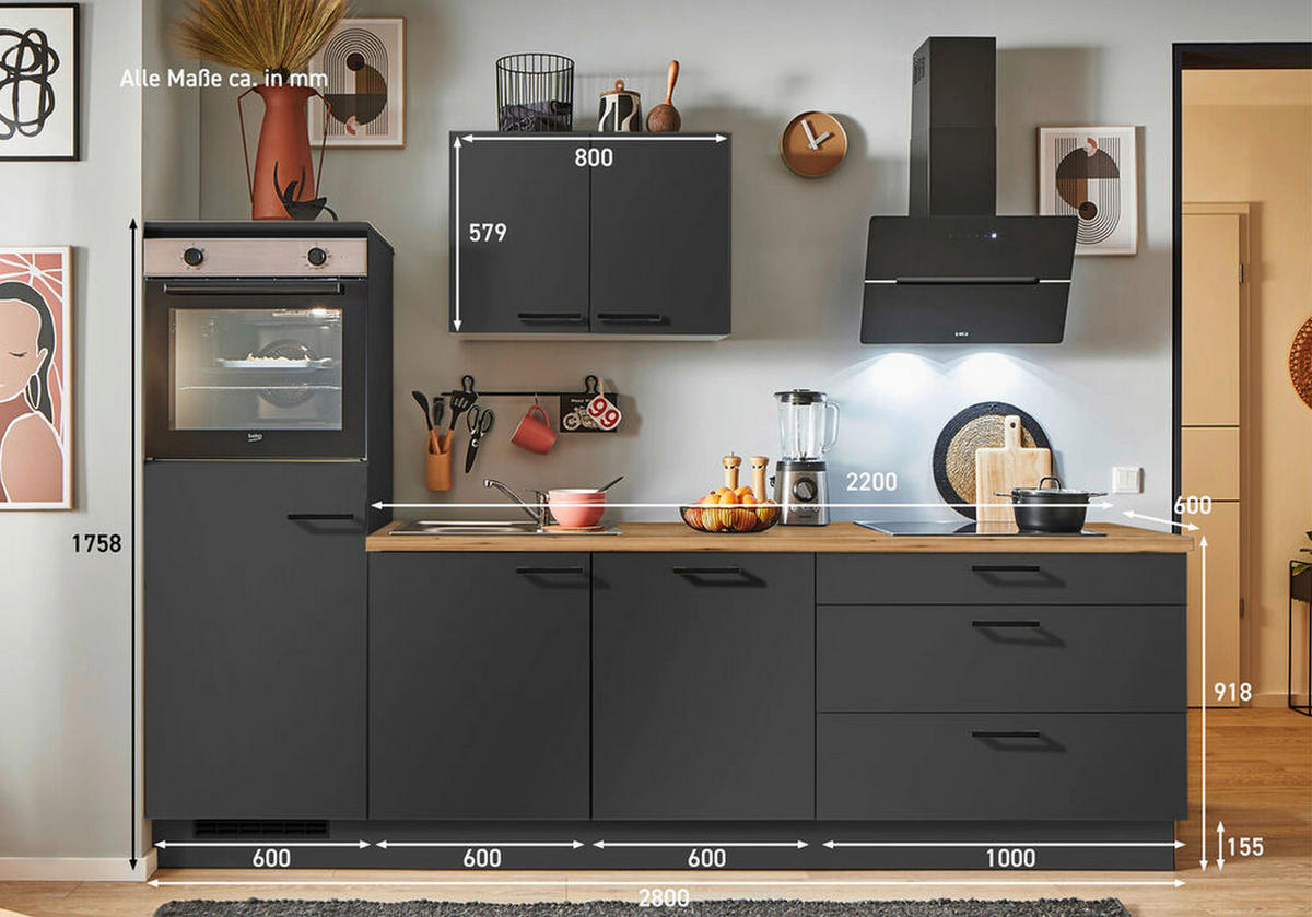 KÜCHENBLOCK PN 80 280 cm  in Graphitfarben, Eichefarben  - Eichefarben/Schwarz, Design, Holzwerkstoff/Metall (280cm) - Pino