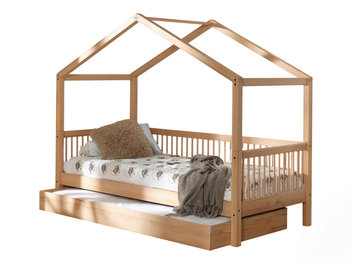 HAUSBETT 90/200 cm,  in Buchefarben, Rollrost, Bettschublade  - Buchefarben/Naturfarben, MODERN, Holz (90/200cm) - Vipack