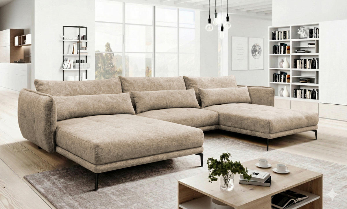 WOHNLANDSCHAFT LAGACY U Beige Flachgewebe  - Beige/Schwarz, Design, Textil/Metall (193/368/193cm) - MID.YOU