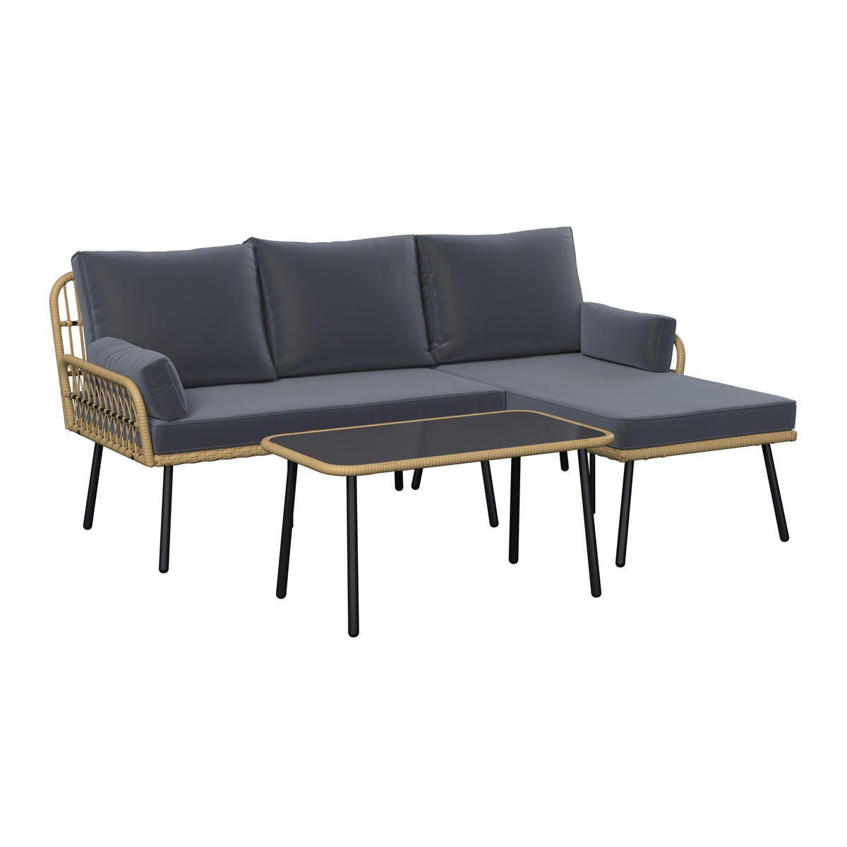 LOUNGEGARNITUR Stahl  - Dunkelgrau/Schwarz, MODERN, Glas/Kunststoff (187,5/79/135cm) - Ambia Garden