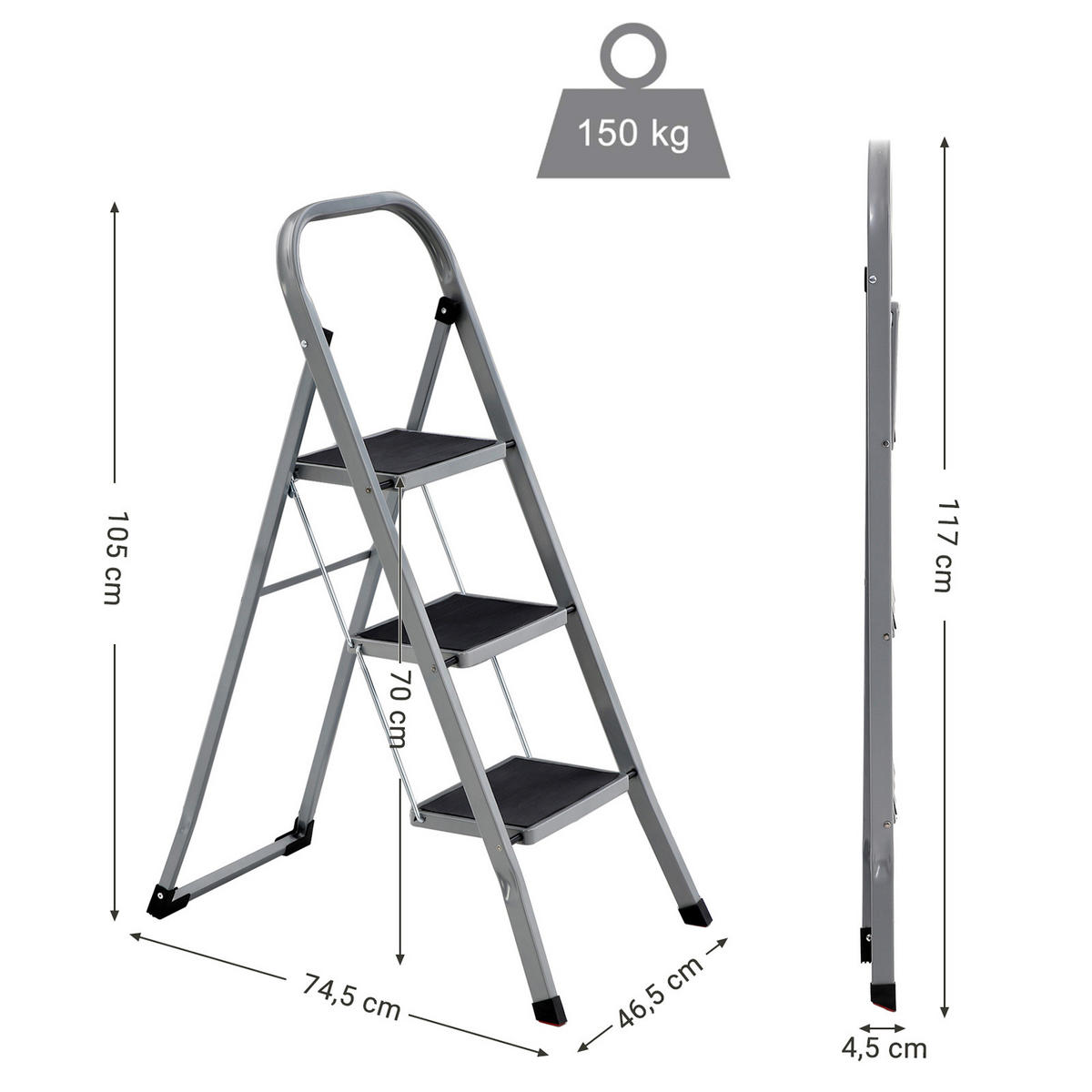 KLAPPTRITTLEITER - Grau, Basics, Metall (46,5/105/74,5cm)