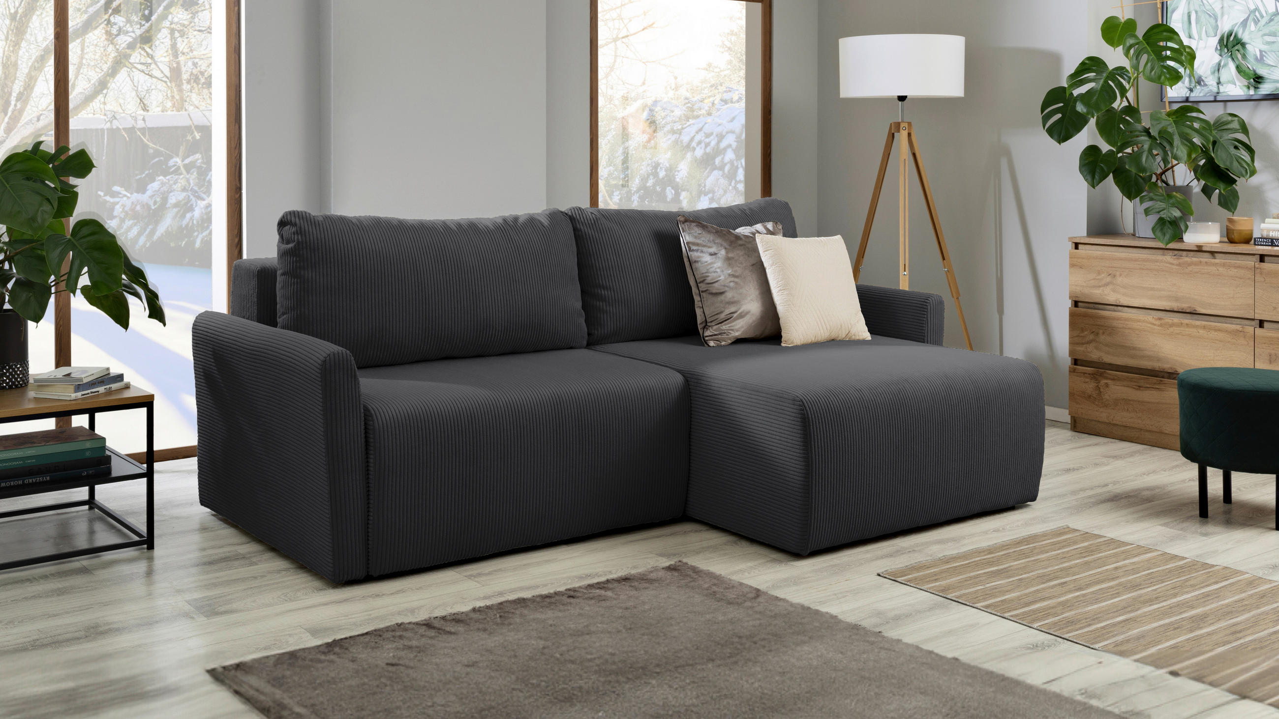 ECKSOFA in Cord Anthrazit  - Anthrazit/Schwarz, Konventionell, Kunststoff/Textil (228/146cm) - MID.YOU