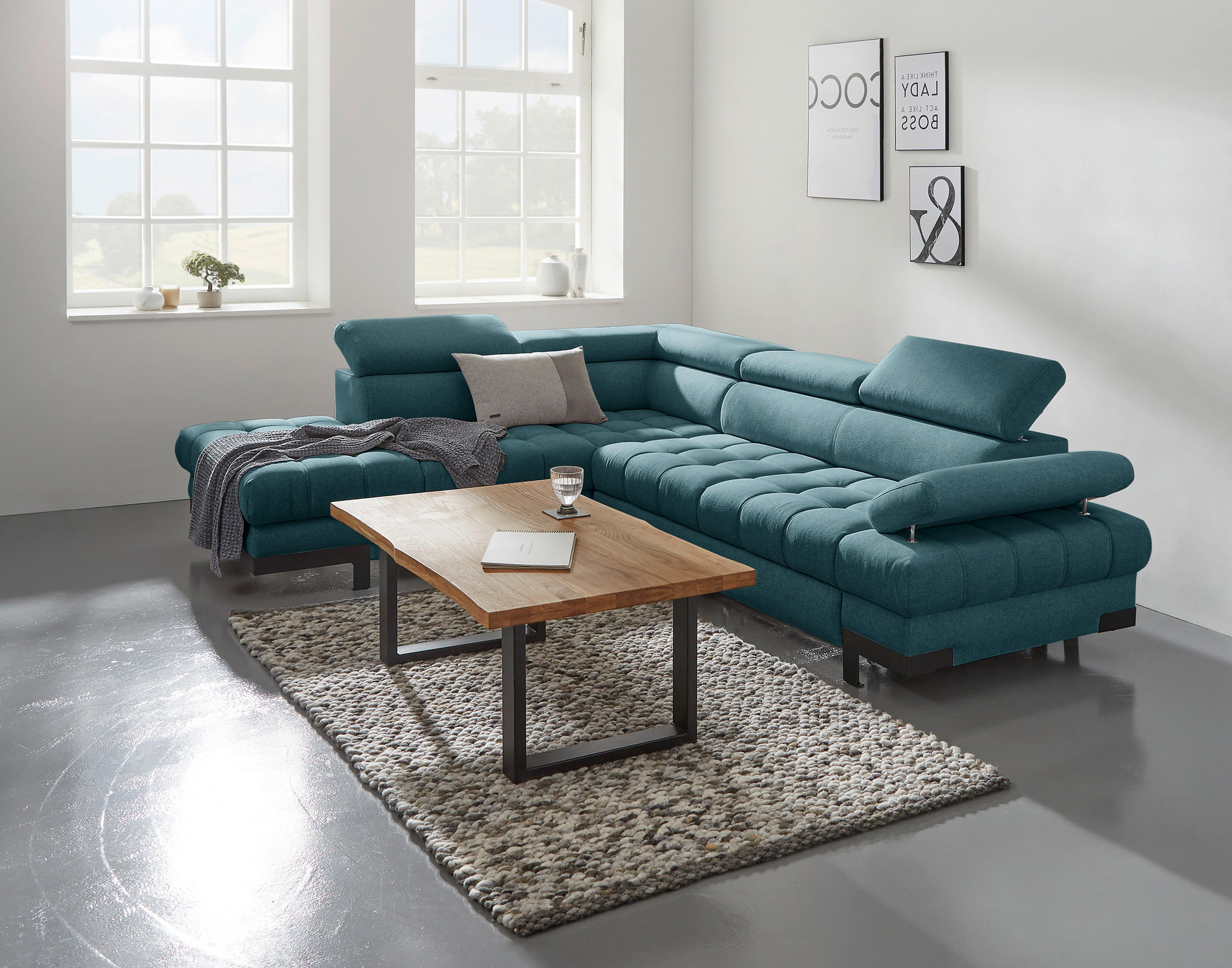 Thumbnail - Welnova Ecksofa, Petrol, Textil, 5-Sitzer, Ottomane links, L-Form, 263x223 cm, Typenauswahl, Stoffauswahl, Rücken echt, ...